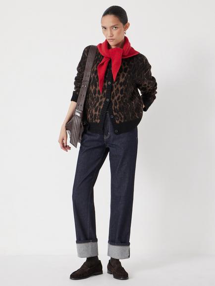 HUSH Crew Neck Animal Jacquard Cardigan with Mohair, Black/Brown - view 2, Black/Brown