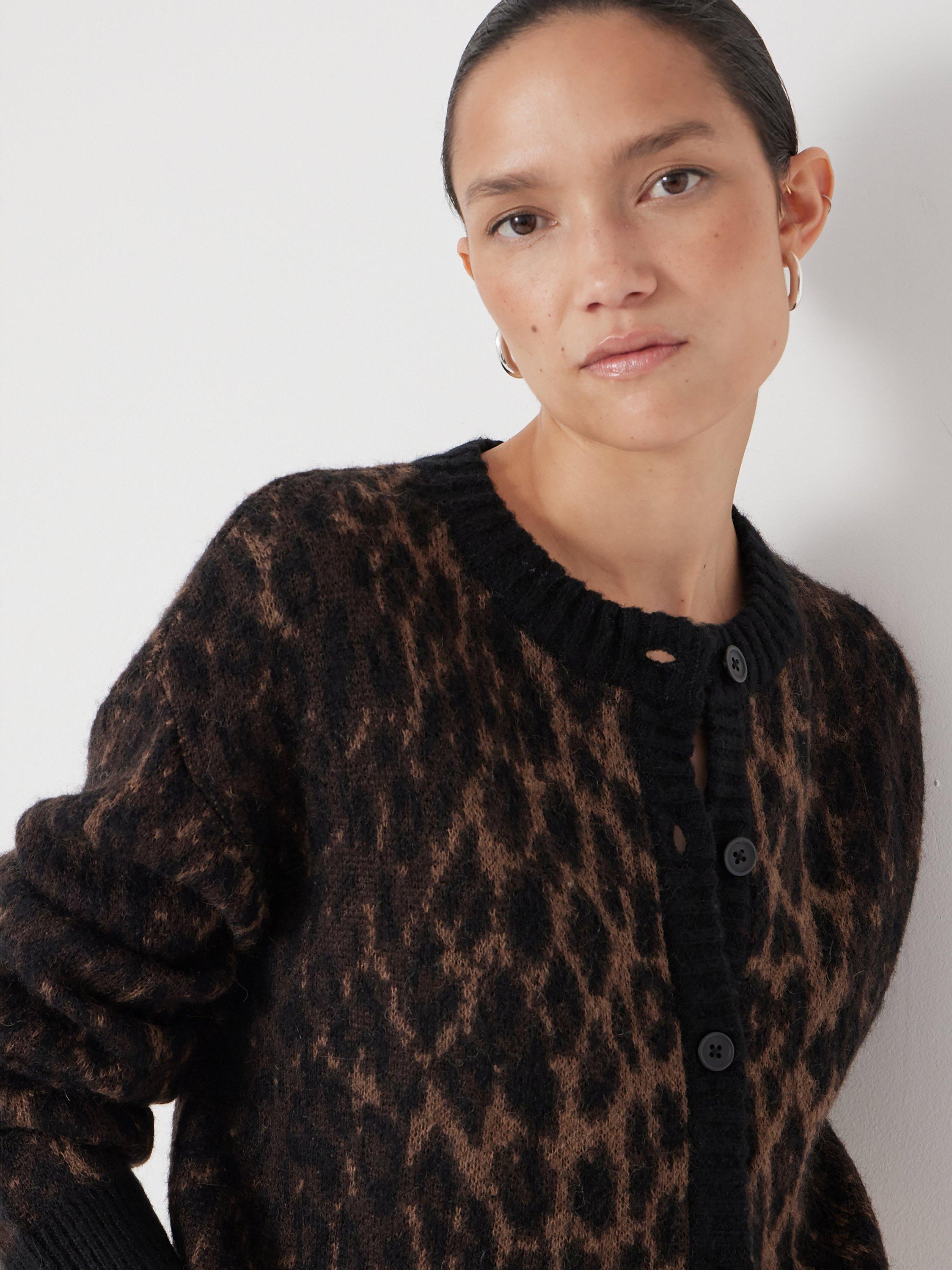 HUSH Crew Neck Animal Jacquard Cardigan with Mohair, Black/Brown