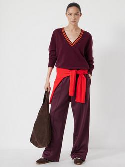 HUSH V-Neck Striped Merino Wool Jumper, Burgundy Purple Mix