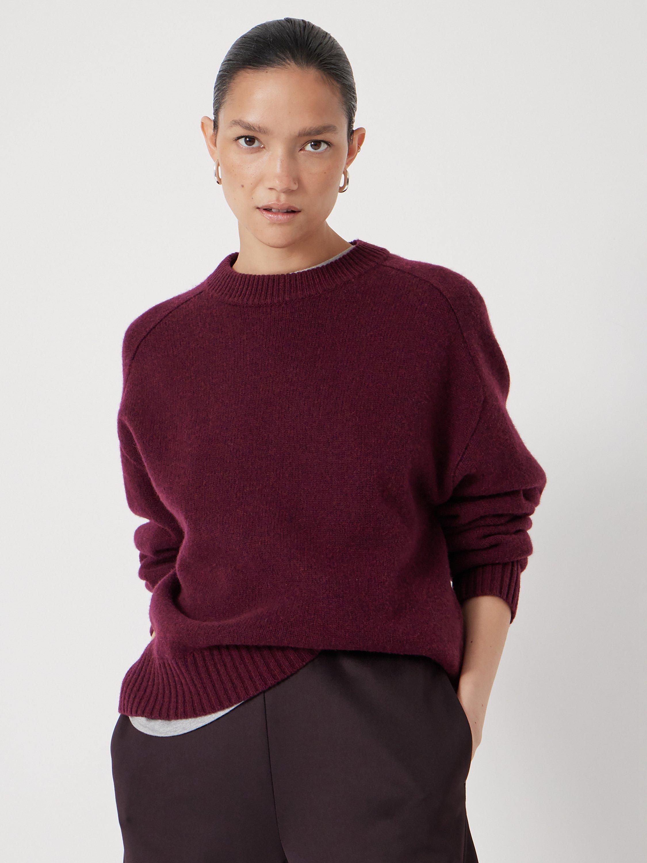 Product image 1 of 5, which shows HUSH Nina Merino Wool Cropped Jumper, Burgundy, L-XL