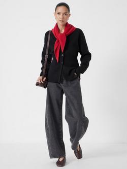 HUSH V Neck Ribbed Detail Cardigan with Wool, Black, Black