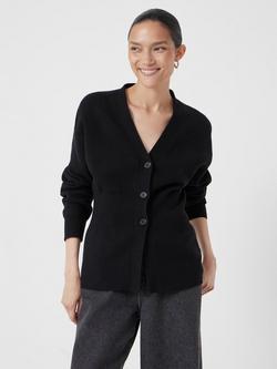 HUSH V Neck Ribbed Detail Cardigan with Wool, Black - view 2, Black