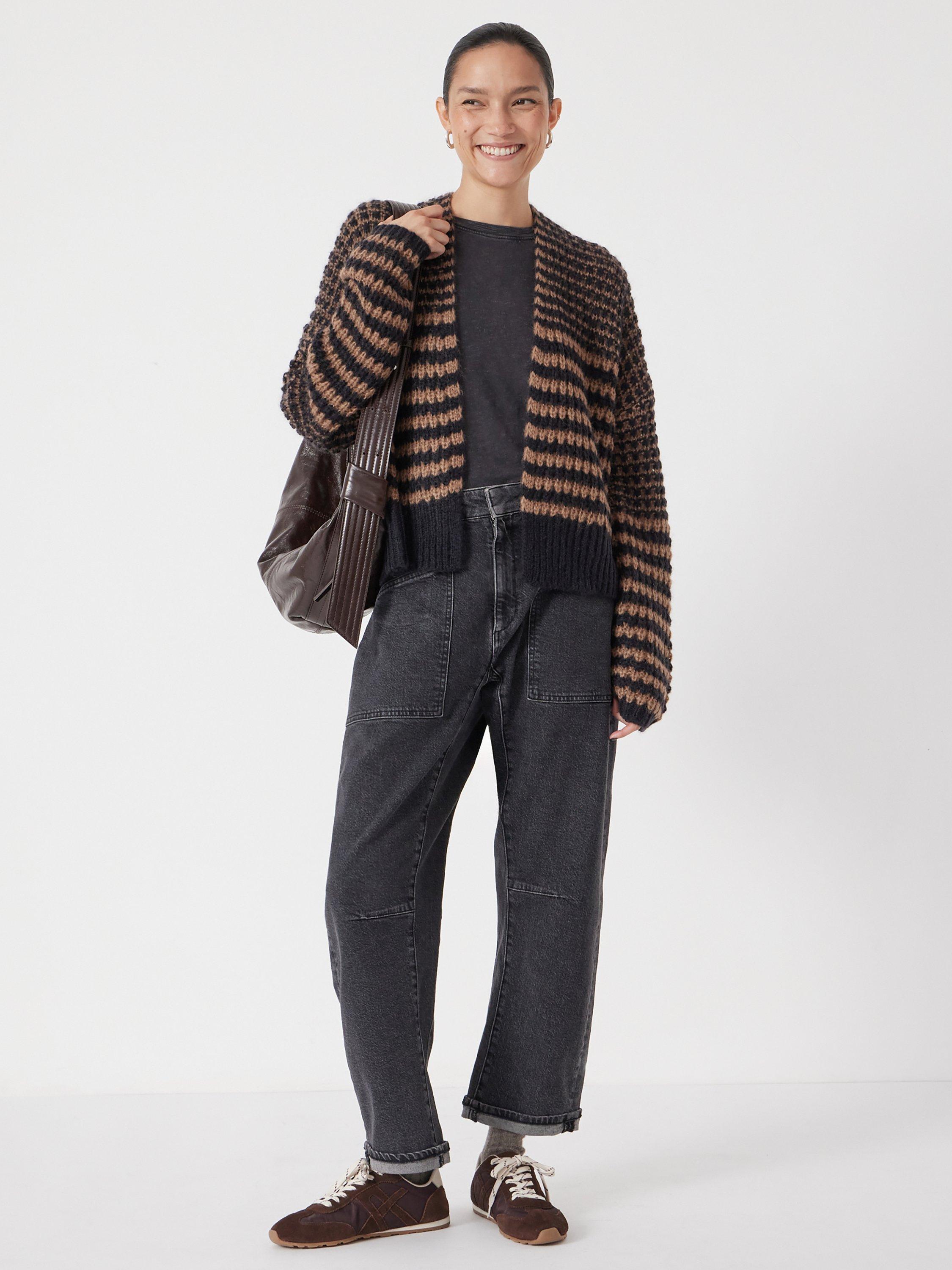 Product image 2 of 5, which shows HUSH Skye Stripe Wool Rich Cardigan, Black/ Brown, L-XL