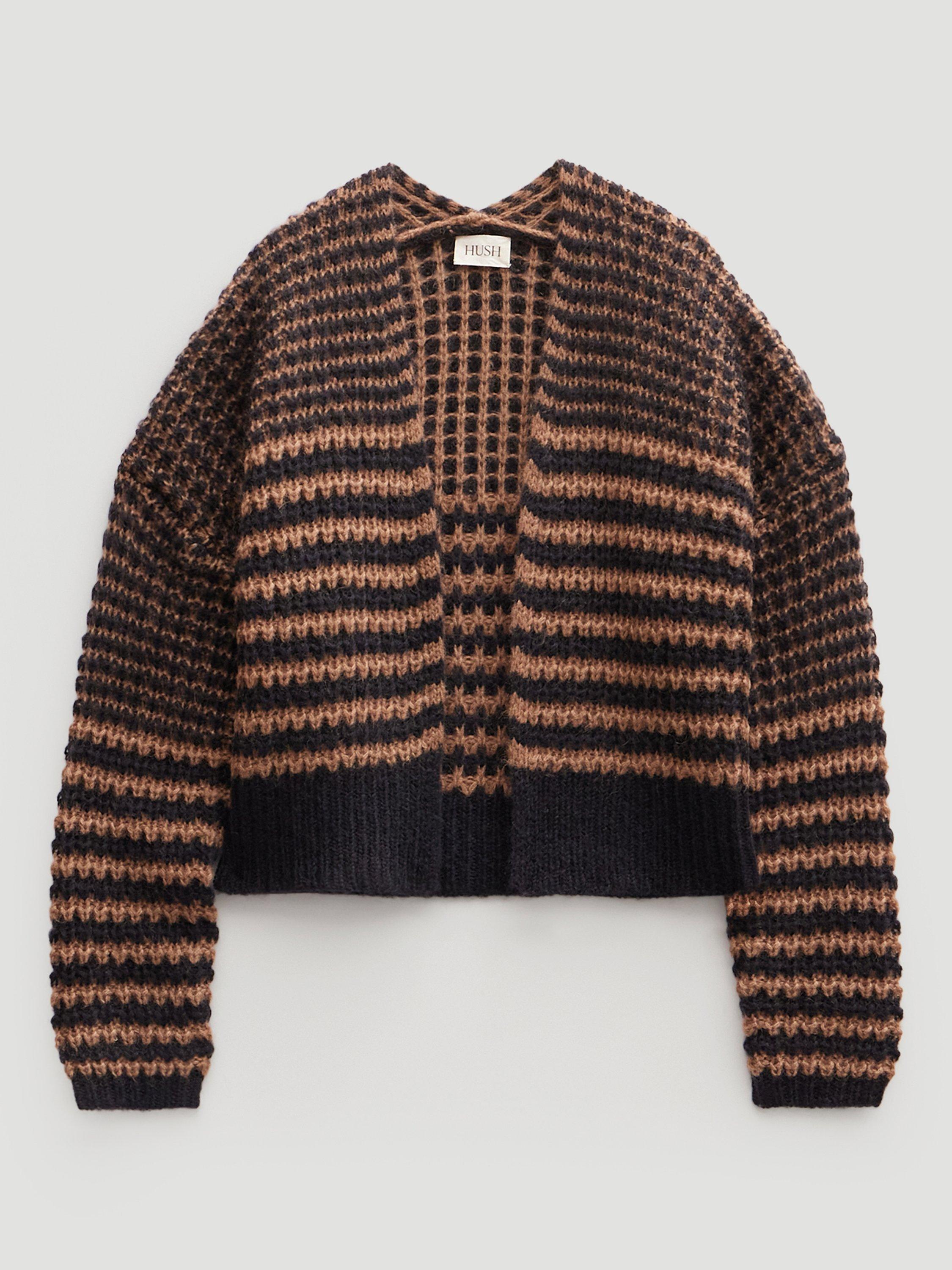 Product image 5 of 5, which shows HUSH Skye Stripe Wool Rich Cardigan, Black/ Brown, L-XL
