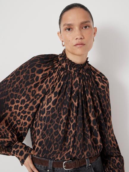 HUSH Fleur Leopard Print Long Sleeve High Neck Blouse, Natural/Brown