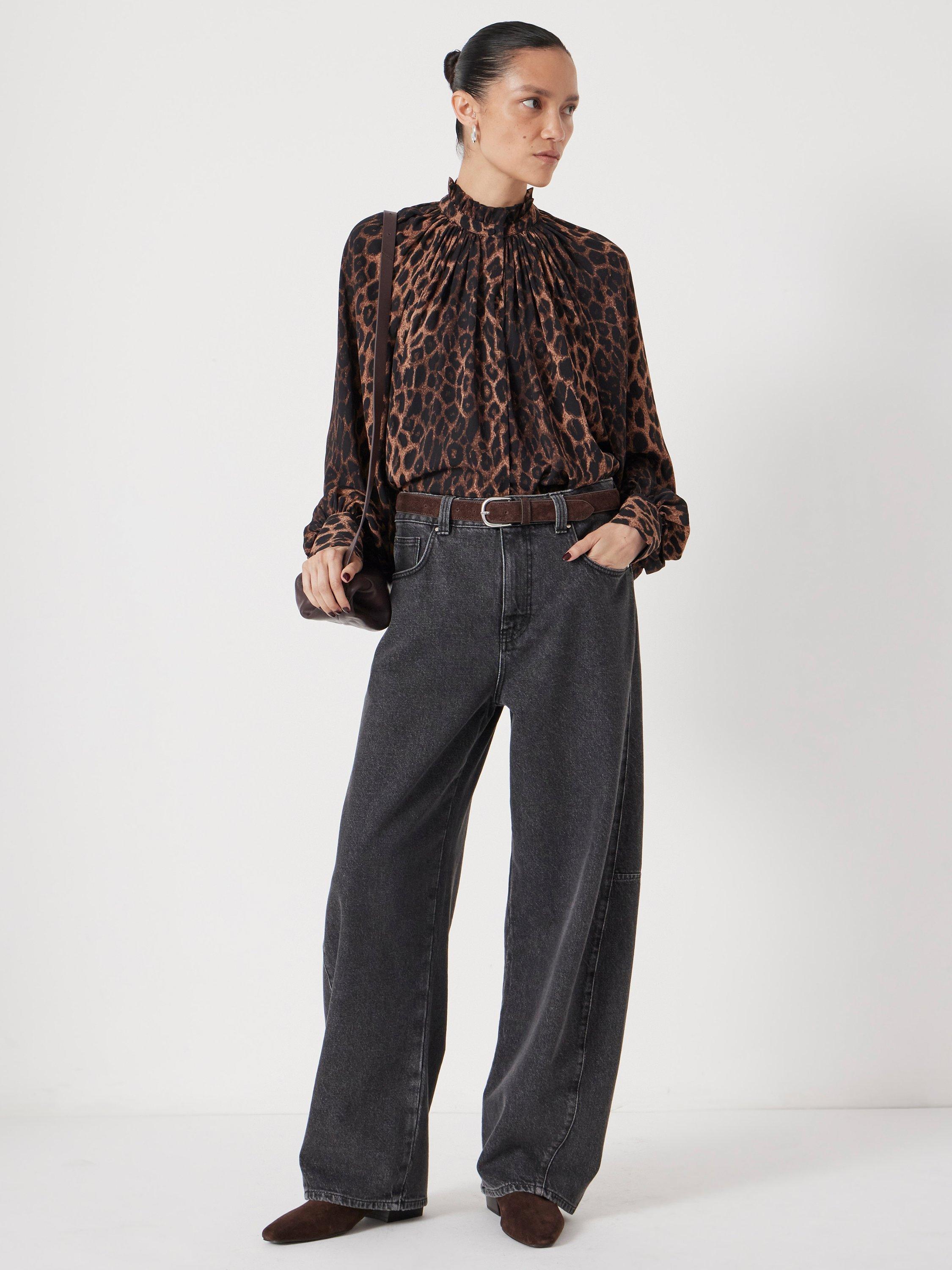 Product image 2 of 7, which shows HUSH Fleur Leopard Print Long Sleeve High Neck Blouse, Natural/Brown, XXS