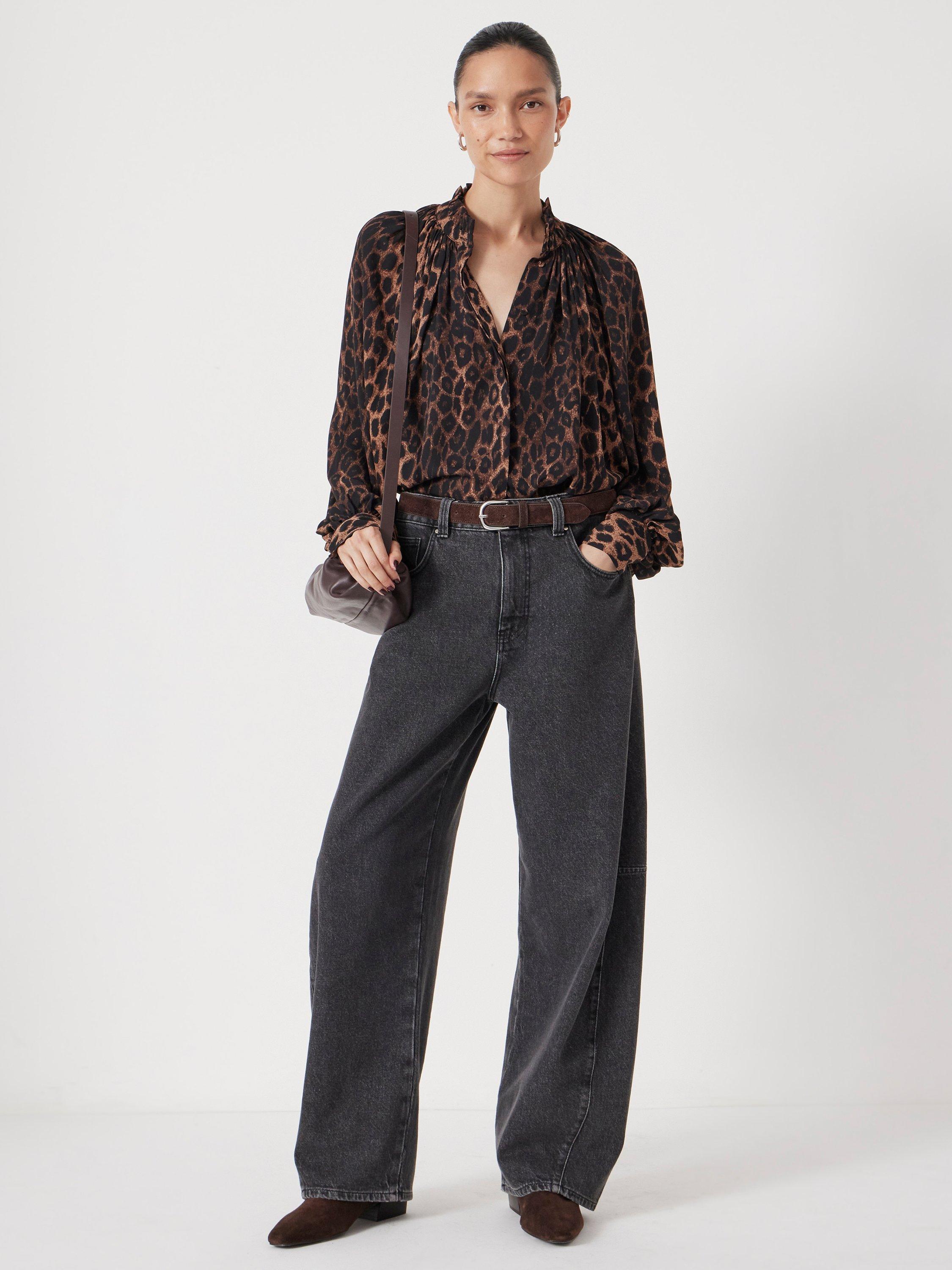 Product image 3 of 7, which shows HUSH Fleur Leopard Print Long Sleeve High Neck Blouse, Natural/Brown, XXS