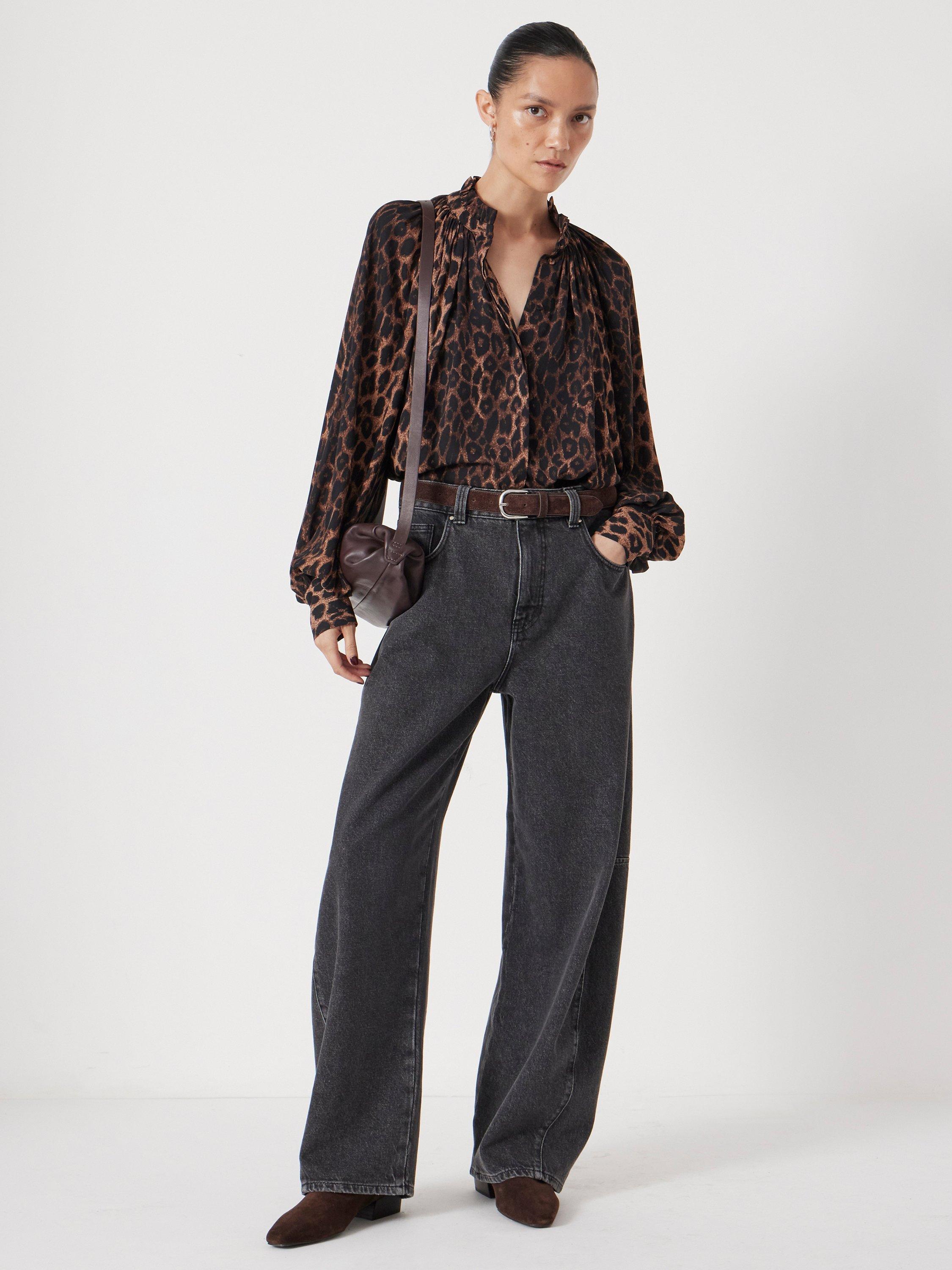 Product image 4 of 7, which shows HUSH Fleur Leopard Print Long Sleeve High Neck Blouse, Natural/Brown, XXS