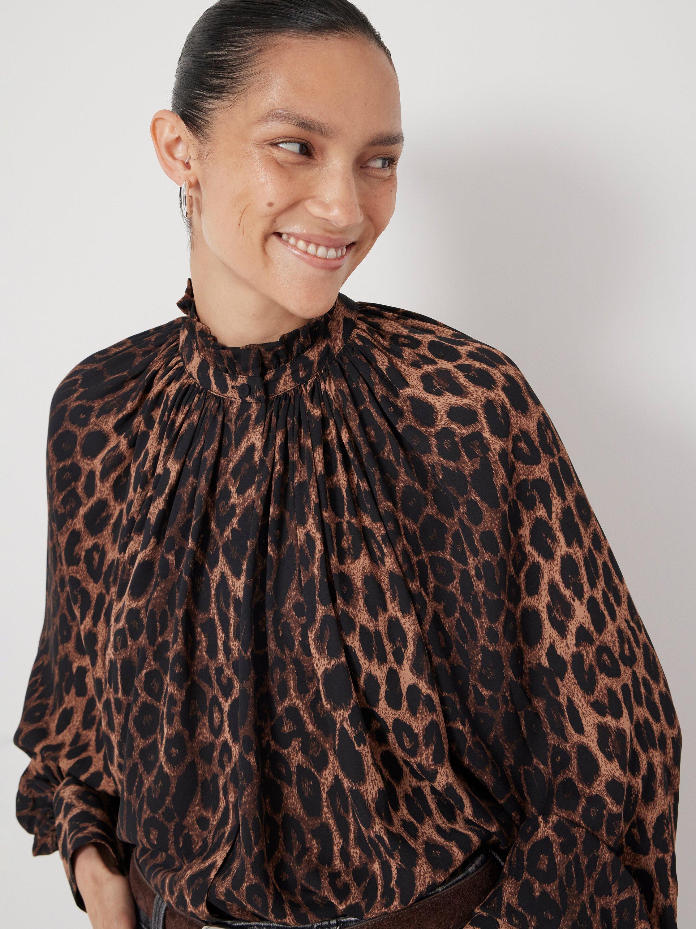Product image 5 of 7, which shows HUSH Fleur Leopard Print Long Sleeve High Neck Blouse, Natural/Brown, XXS