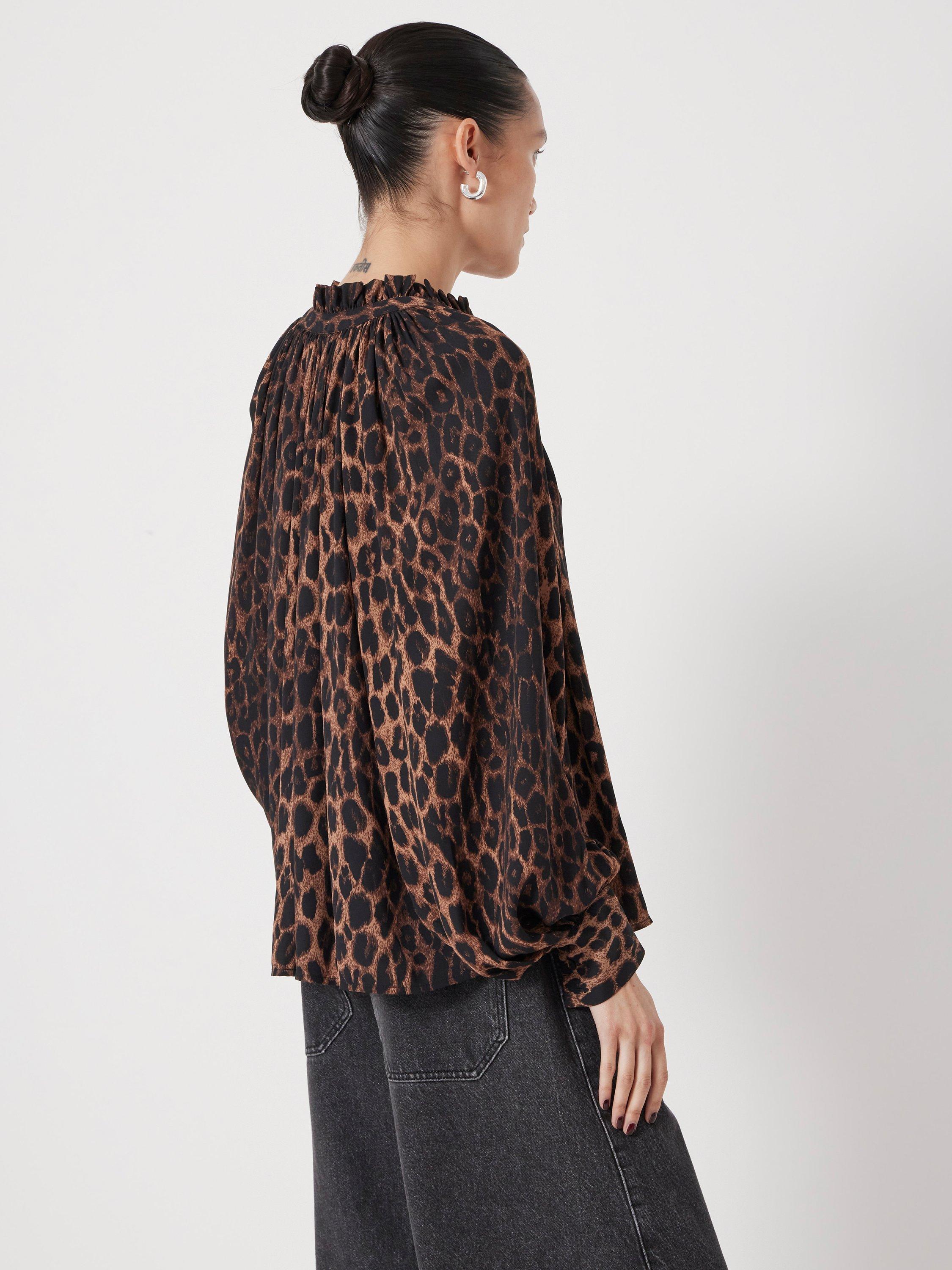 Product image 6 of 7, which shows HUSH Fleur Leopard Print Long Sleeve High Neck Blouse, Natural/Brown, XXS