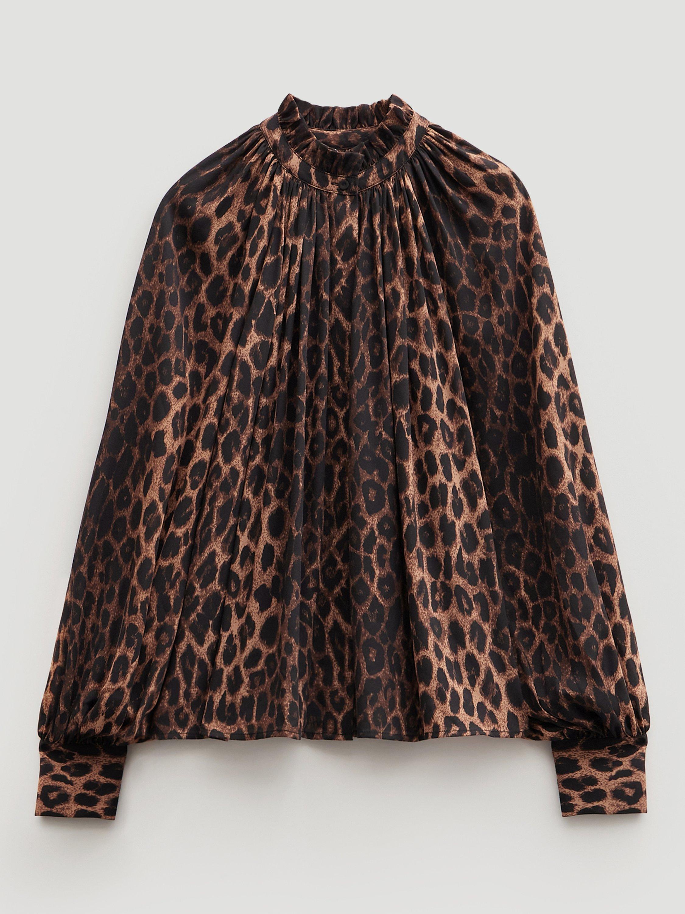 Product image 7 of 7, which shows HUSH Fleur Leopard Print Long Sleeve High Neck Blouse, Natural/Brown, XXS