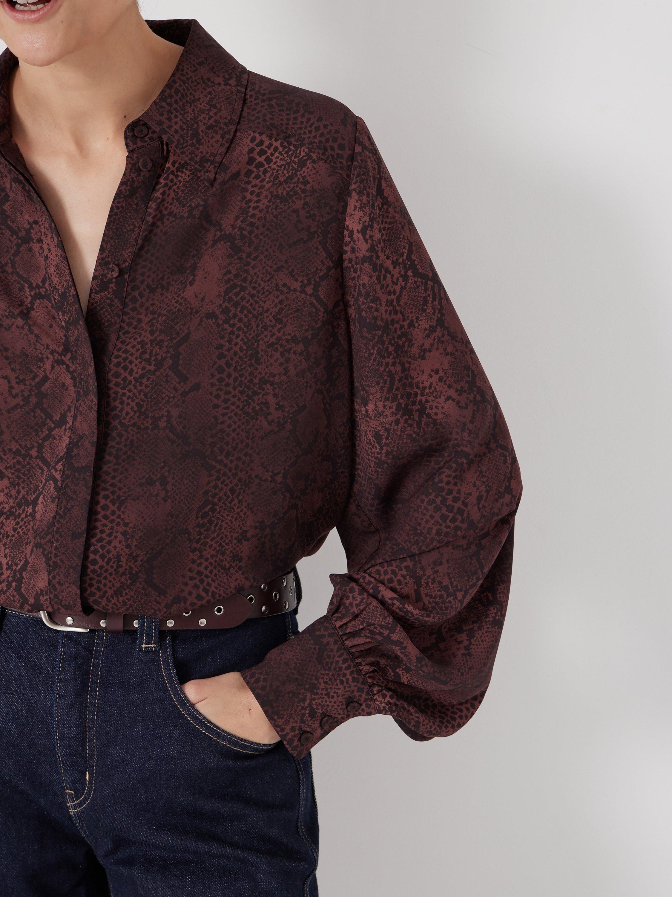 Product image 4 of 5, which shows HUSH Snake Print Long Sleeve Shirt , Brown, 4