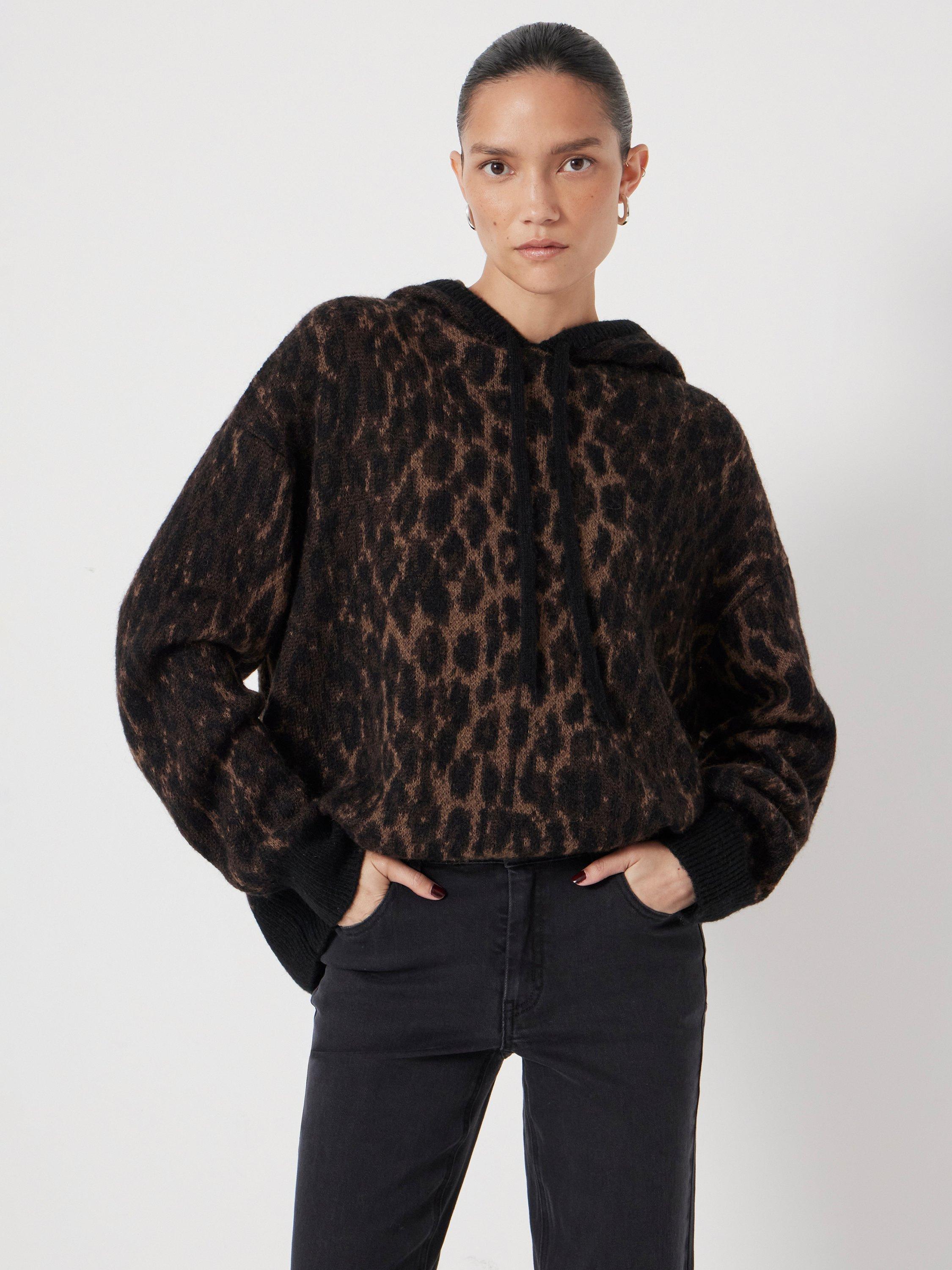 HUSH Animal Jacquard Hoodie with Mohair, Black/Brown Animal