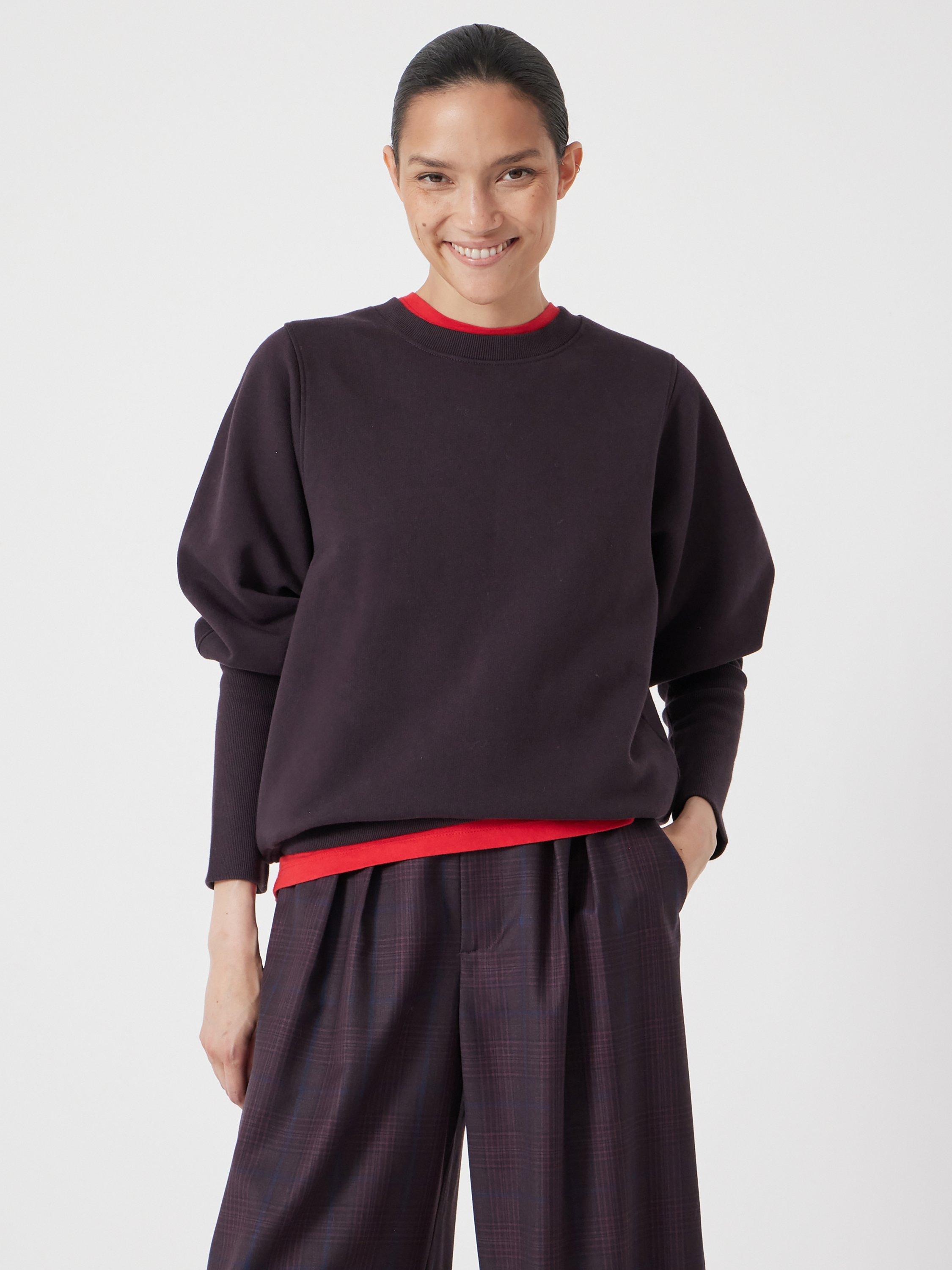 Product image 2 of 5, which shows HUSH Puff Cinched Long Sleeved Sweatshirt, Burgundy Purple, XXS