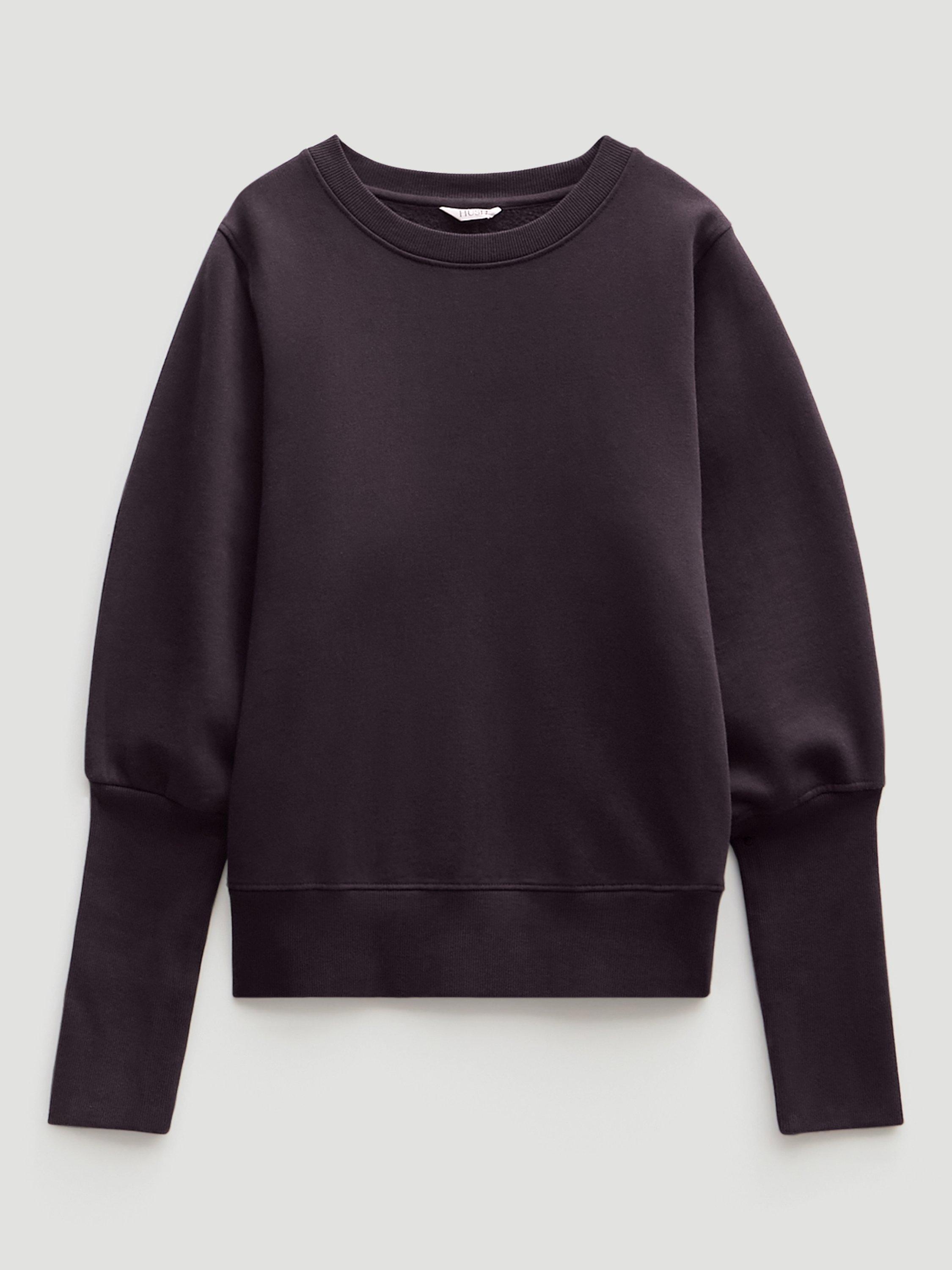 Product image 4 of 5, which shows HUSH Puff Cinched Long Sleeved Sweatshirt, Burgundy Purple, XXS