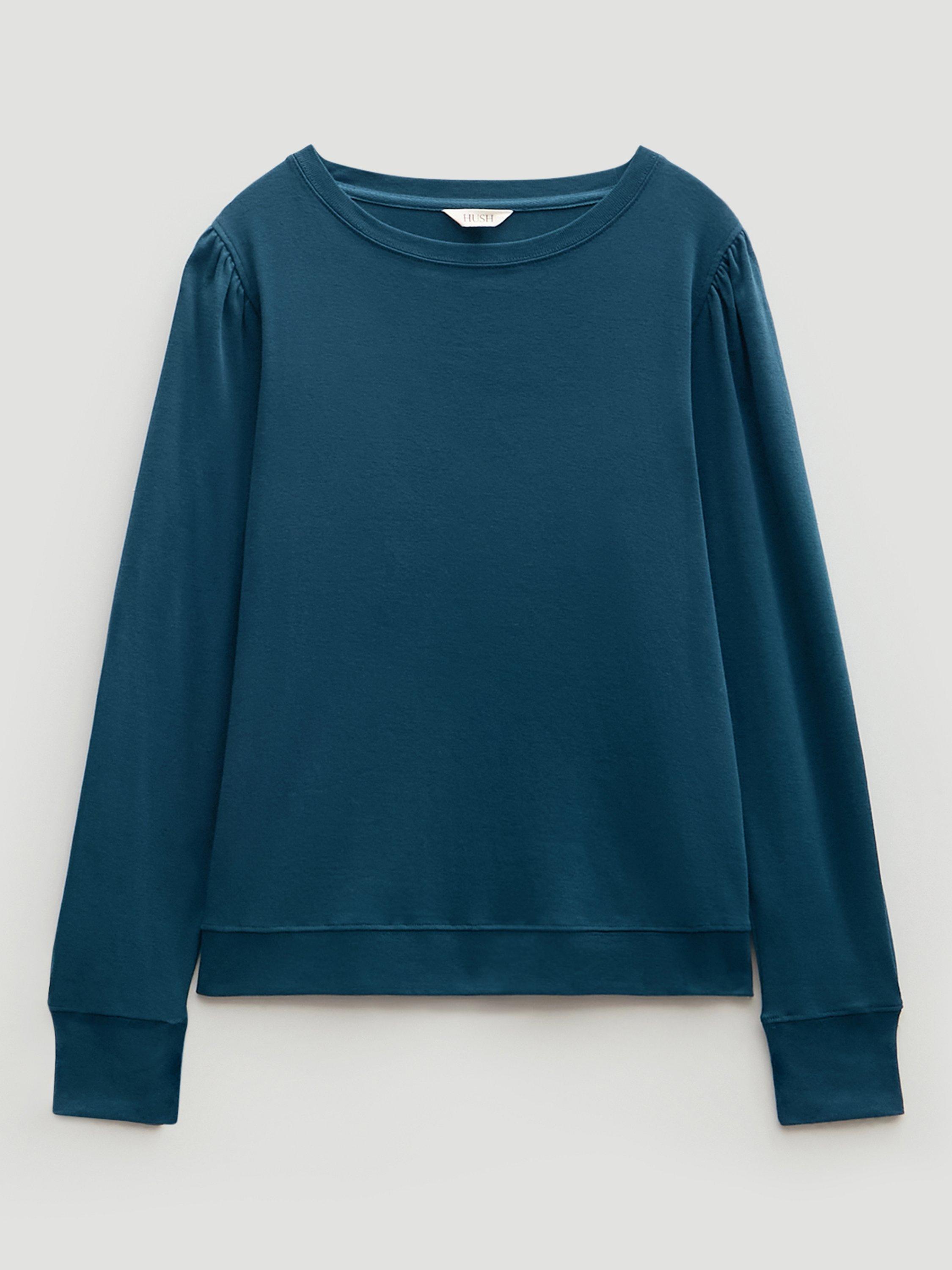 Product image 4 of 4, which shows HUSH Emily Puff Sleeve Cotton Jersey Top, Deep Teal, XXS