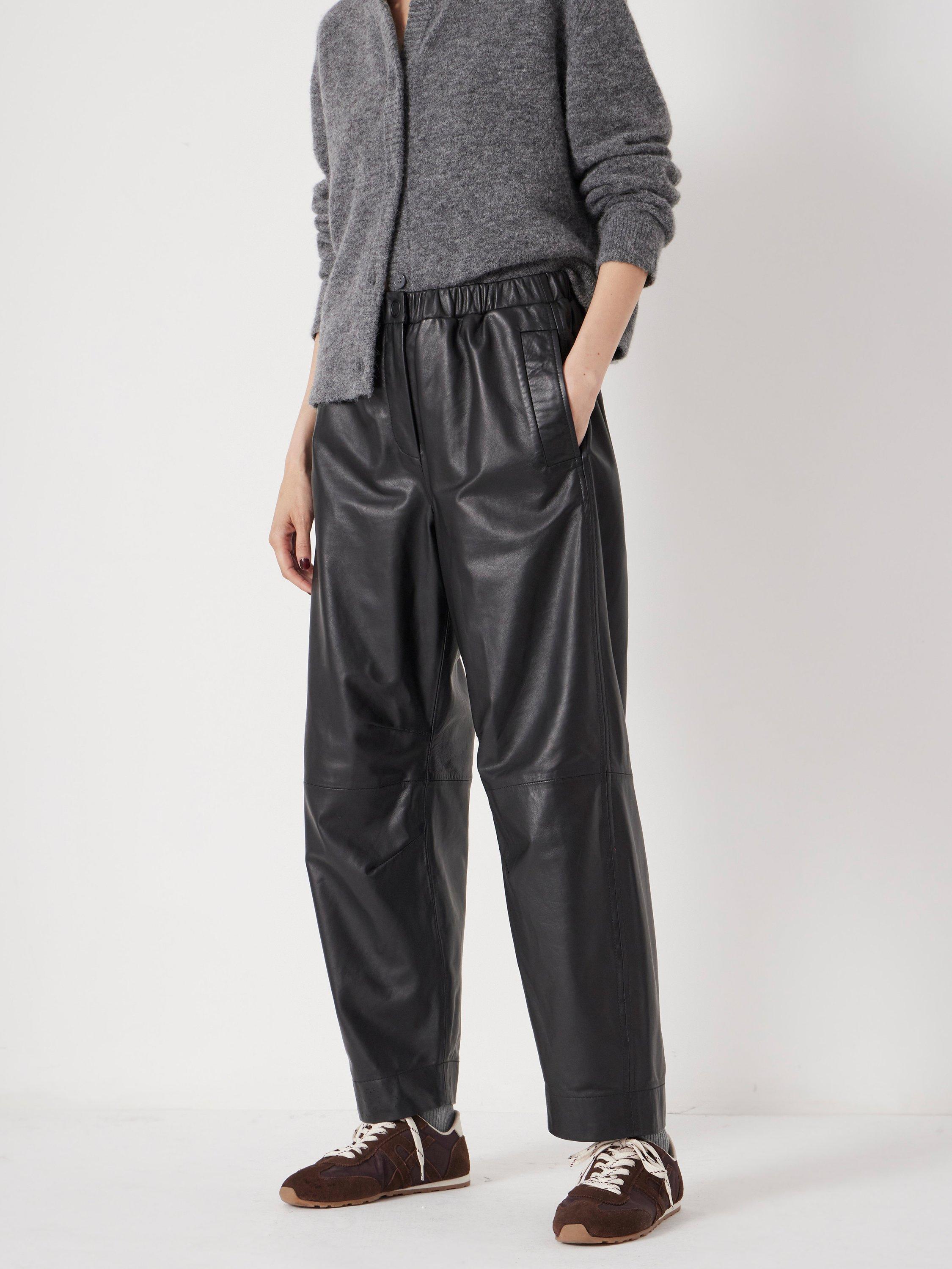 Product image 1 of 6, which shows HUSH Barrel Leg Leather Trousers, Black, 4