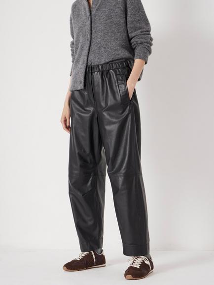 HUSH Barrel Leg Leather Trousers, Black