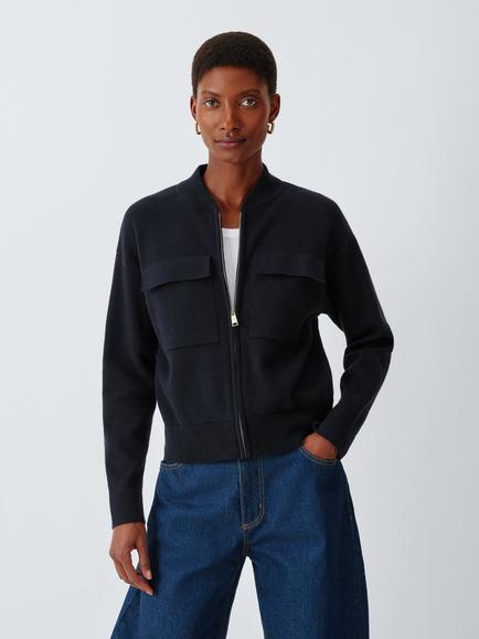 John Lewis Zip Through Knit Utility Pocket Jacket, Navy, Navy