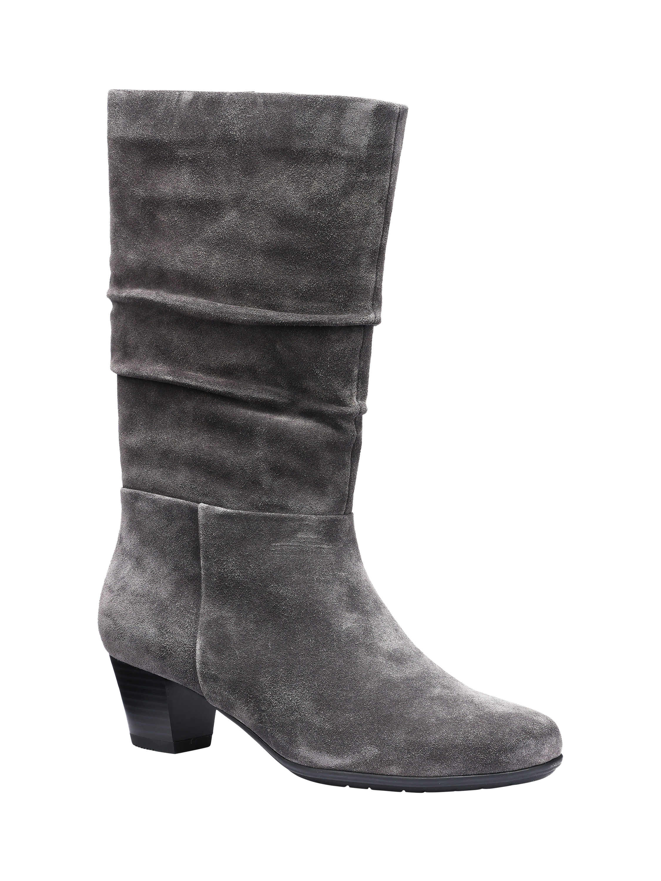 Hotter Sloane Wide Fit Suede Block Heel Calf Boots, Smokey Grey