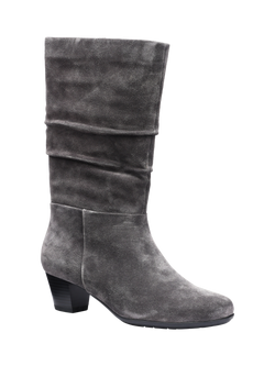 Hotter Sloane Wide Fit Suede Block Heel Calf Boots, Smokey Grey - view 2, Smokey Grey-su