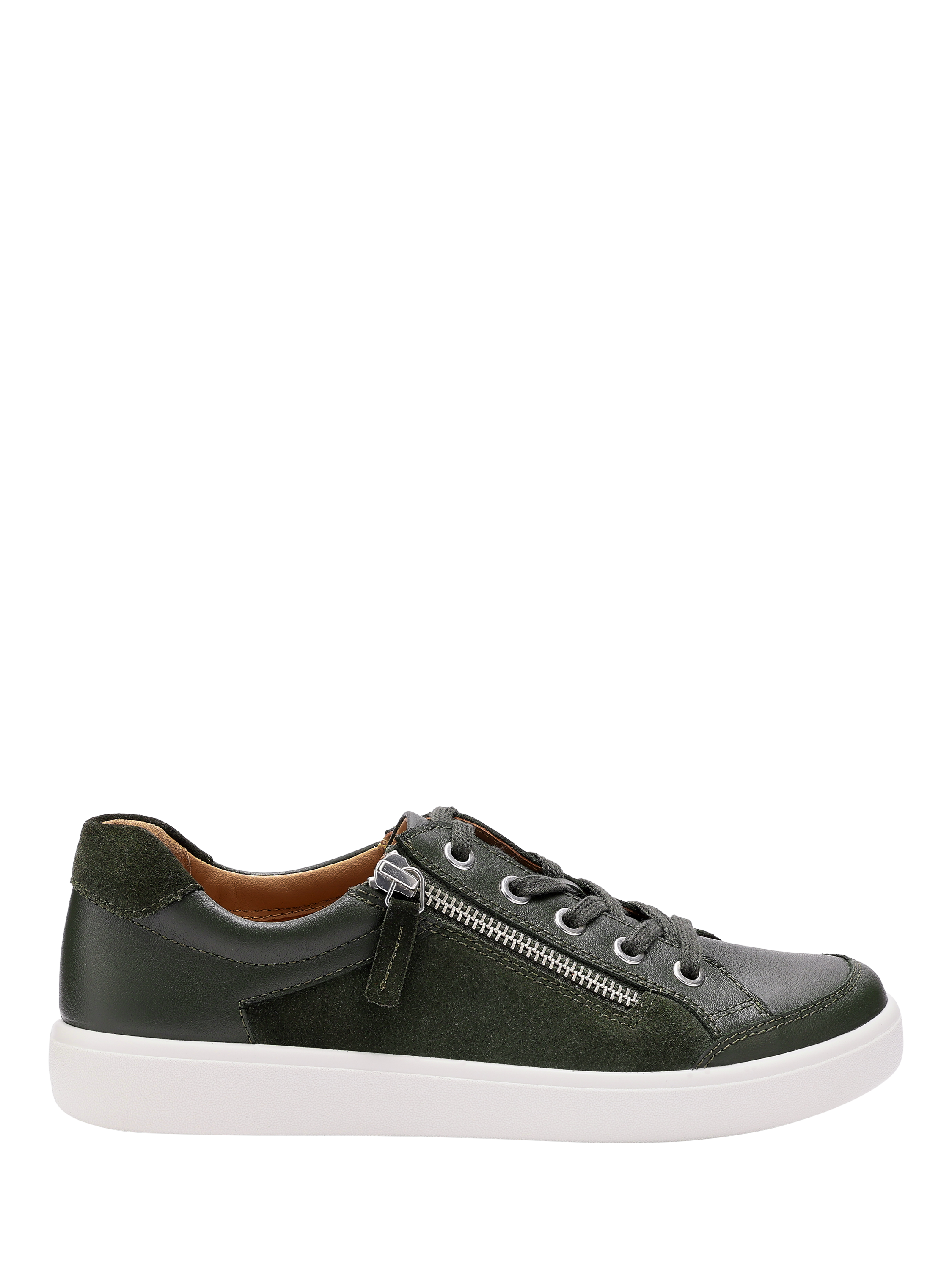 Product image 1 of 4, which shows Hotter Chase II Leather Zip and Go Trainers, Forest Green, 3S