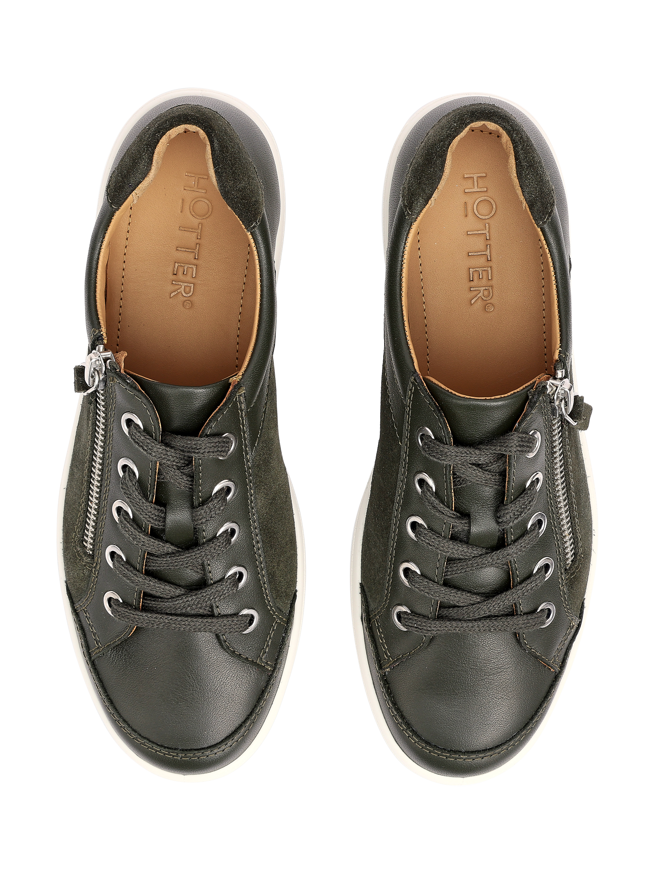 Product image 3 of 4, which shows Hotter Chase II Leather Zip and Go Trainers, Forest Green, 3S
