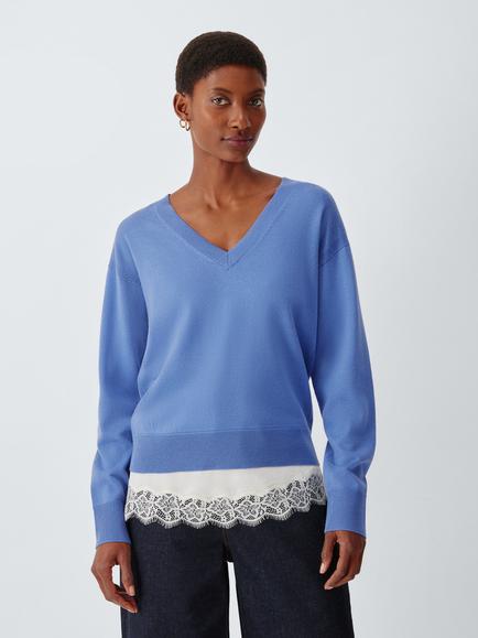 John Lewis Merino Wool V-Neck Jumper, Baja Blue