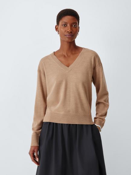 John Lewis Merino Wool V-Neck Jumper, Camel