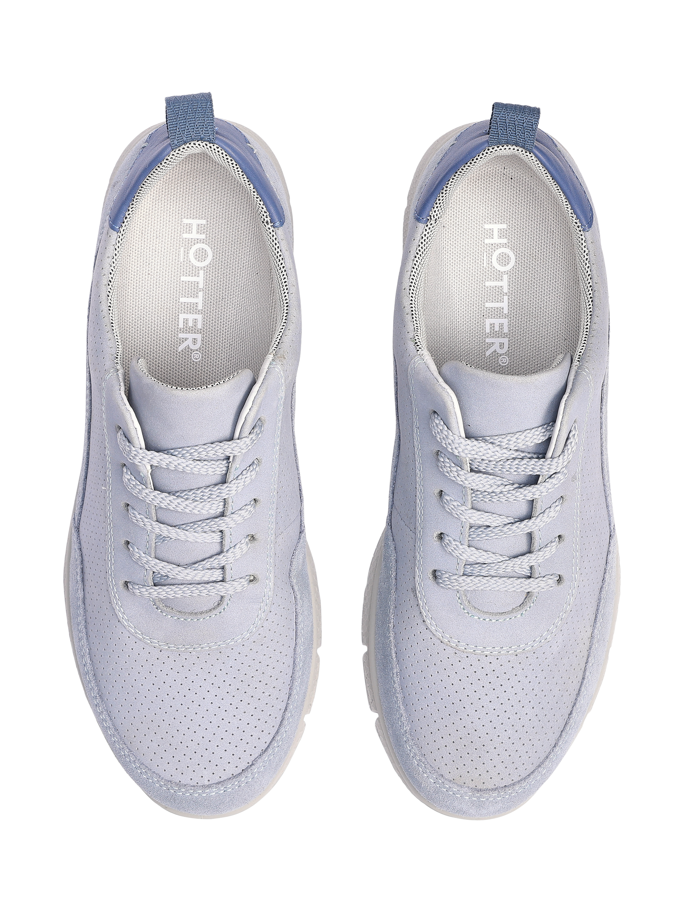 Product image 3 of 11, which shows Hotter Gravity II Wide with Cushion+ Tech Mesh Lined Trainers, Pale Blue, 3W