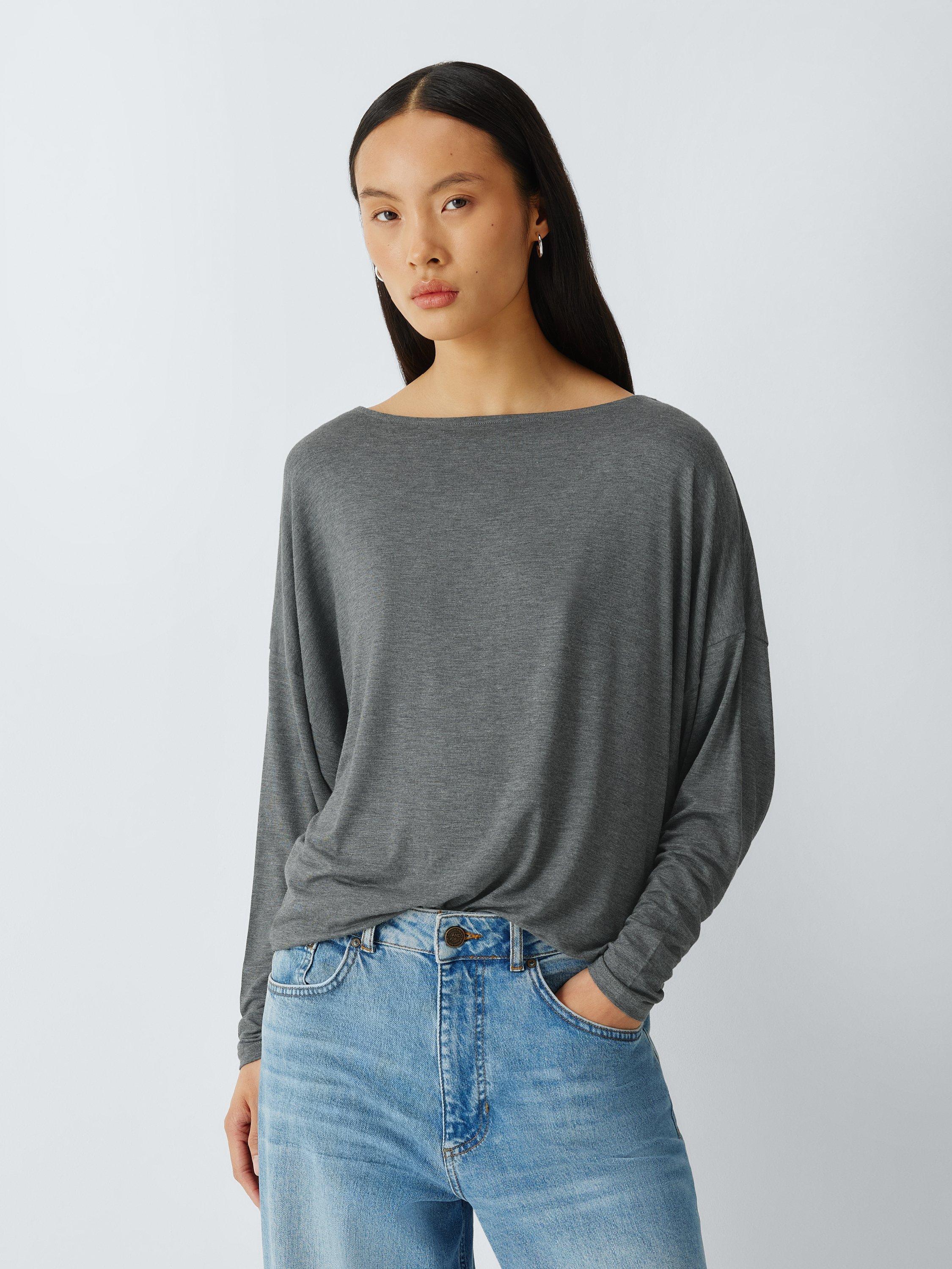 Product image 1 of 6, which shows AND/OR Boat Neck Batwing Top, Charcoal Acid, 6
