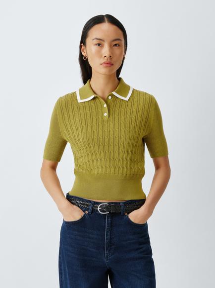 AND/OR Cable Knit Polo Top, Green, Green