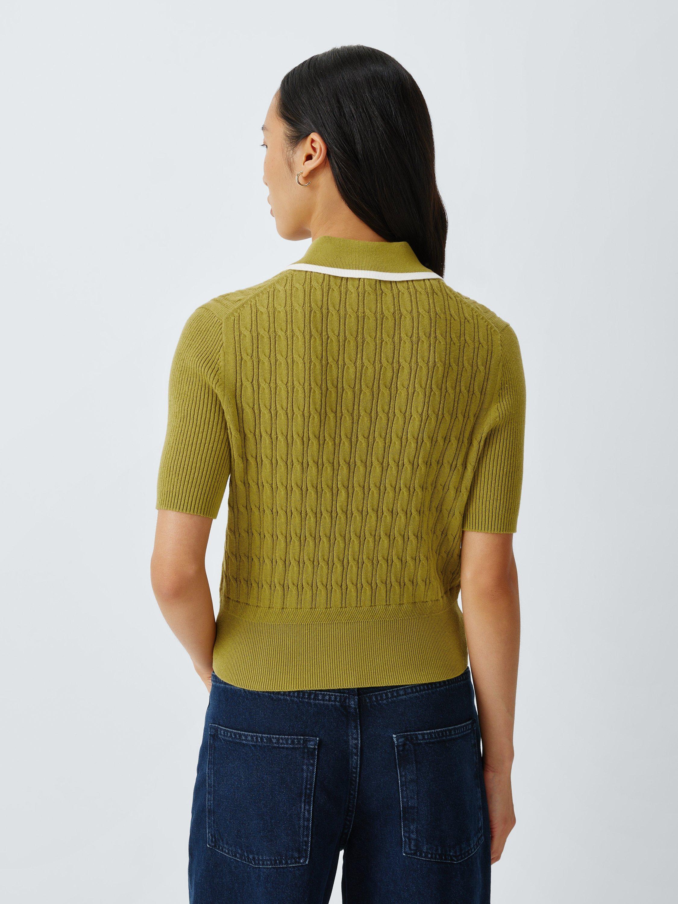 Product image 2 of 6, which shows AND/OR Cable Knit Polo Top, Green, XS