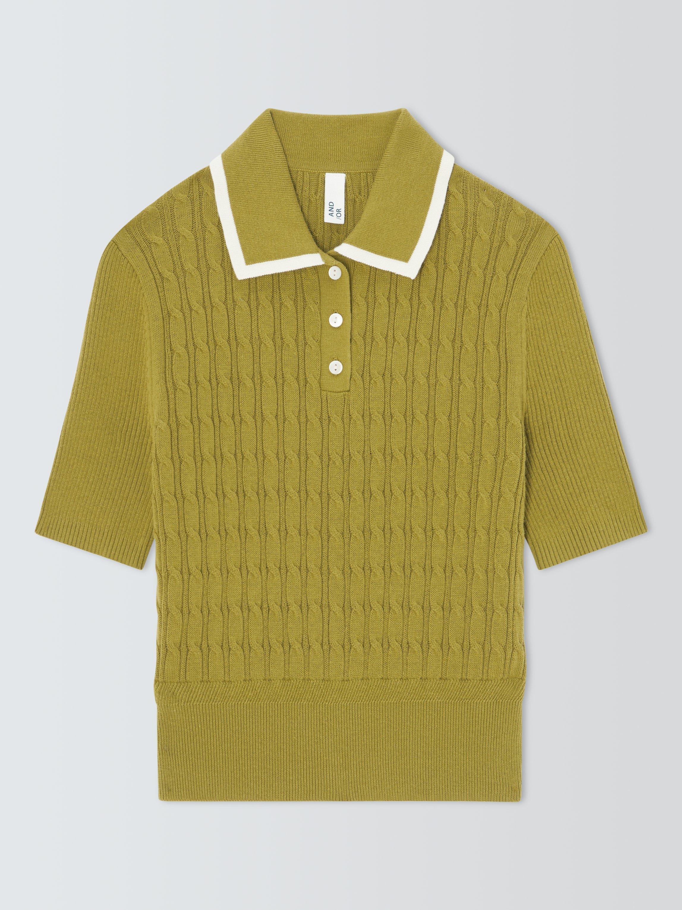 Product image 4 of 6, which shows AND/OR Cable Knit Polo Top, Green, XS