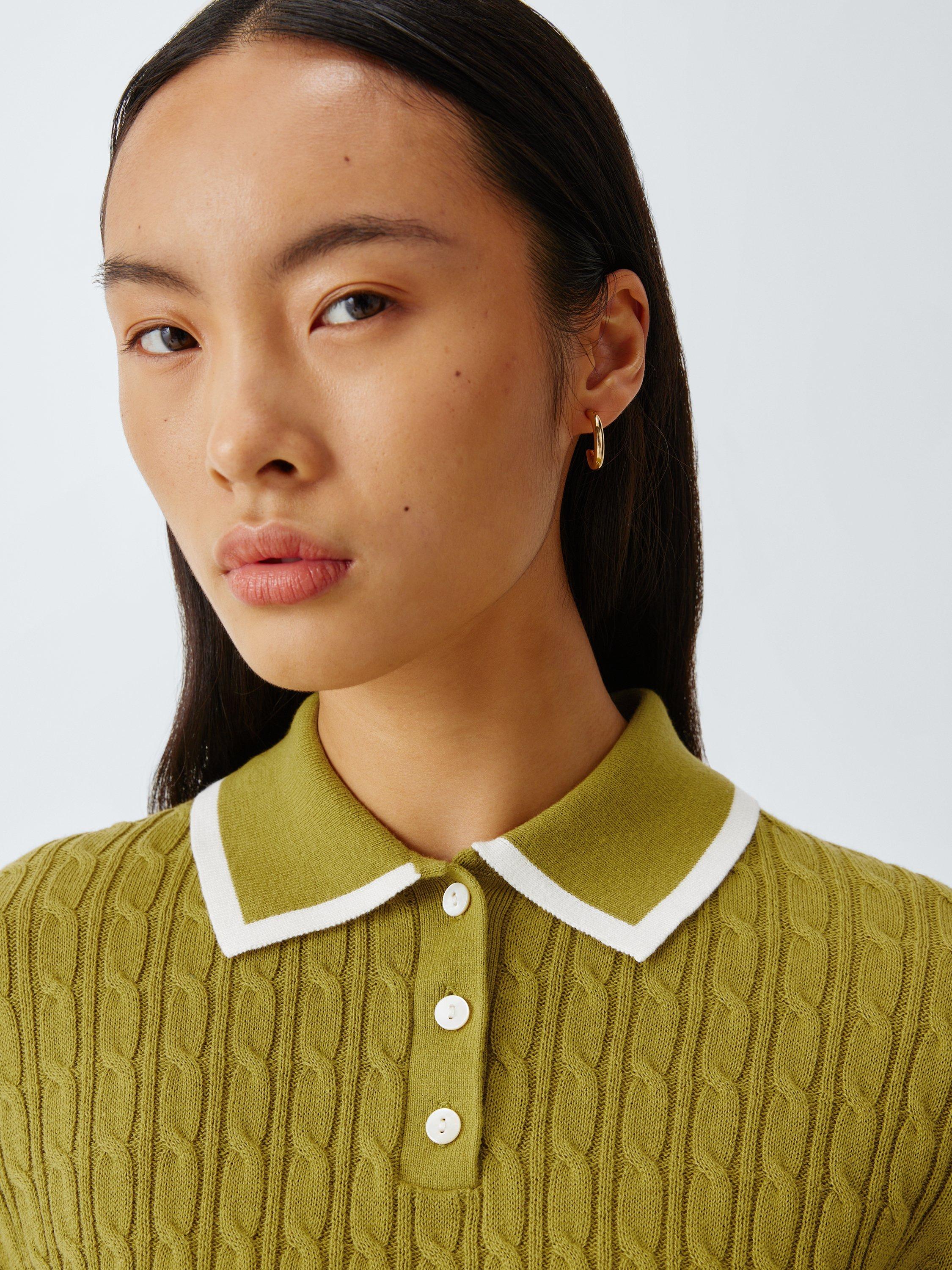 Product image 6 of 6, which shows AND/OR Cable Knit Polo Top, Green, XS