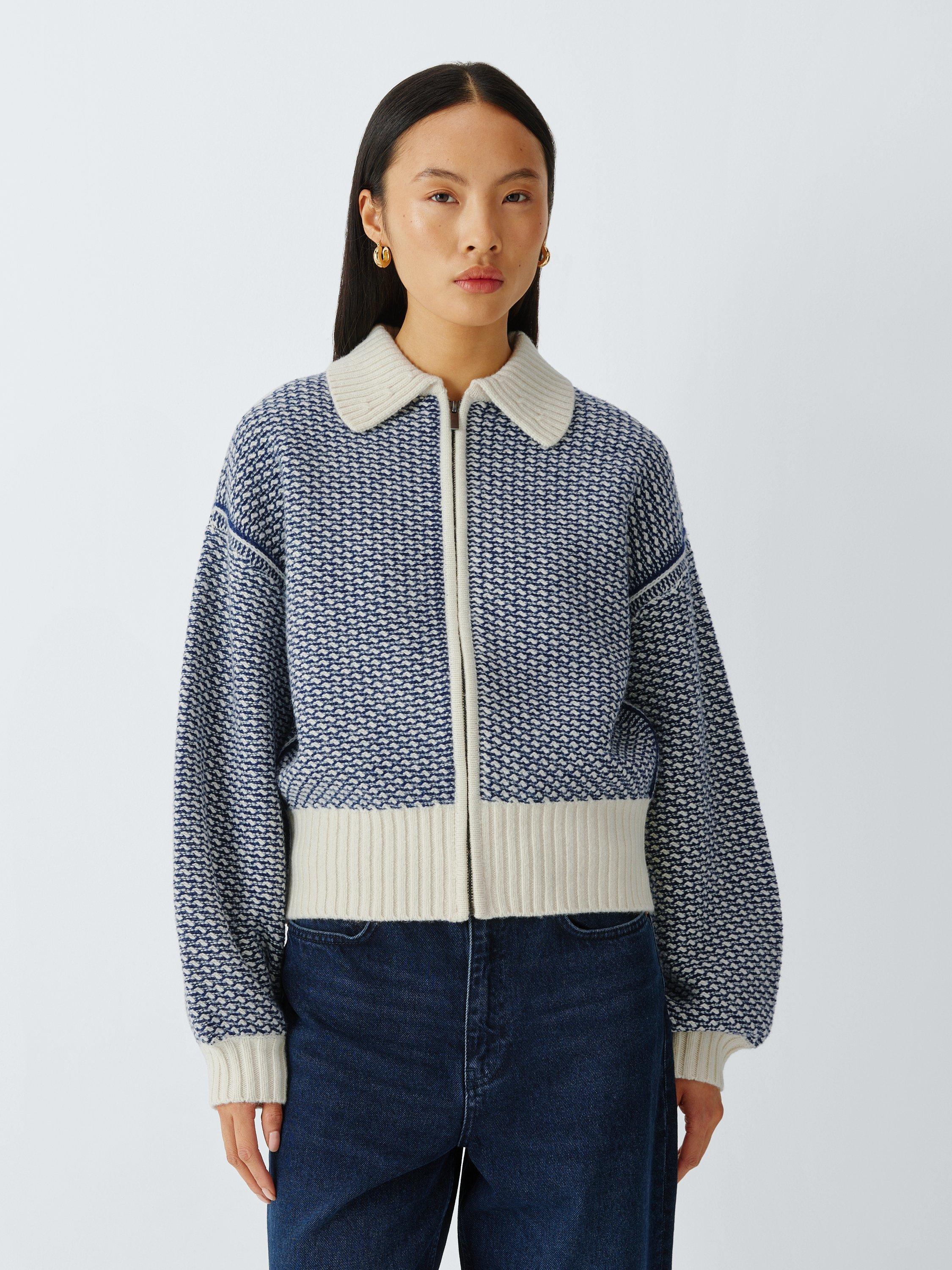 Product image 1 of 6, which shows AND/OR Isla Wool Rich Knit Jacket, Blue/Cream, XS