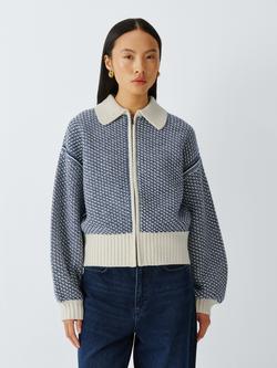 AND/OR Isla Wool Rich Knit Jacket, Blue/Cream, Blue/Cream