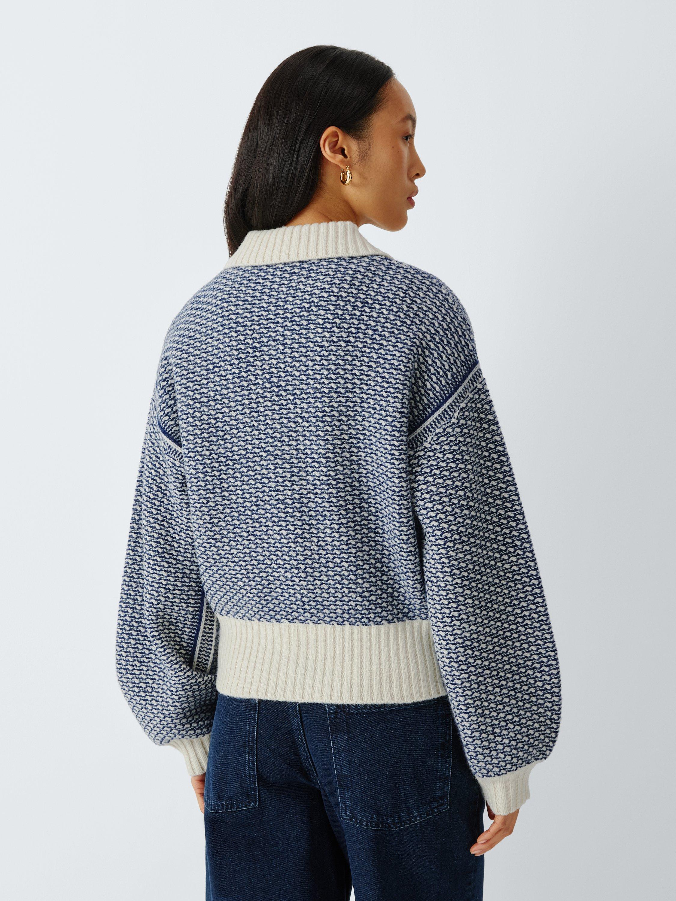 Product image 2 of 6, which shows AND/OR Isla Wool Rich Knit Jacket, Blue/Cream, XS