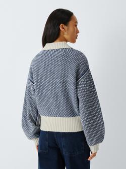 AND/OR Isla Wool Rich Knit Jacket, Blue/Cream - view 2, Blue/Cream