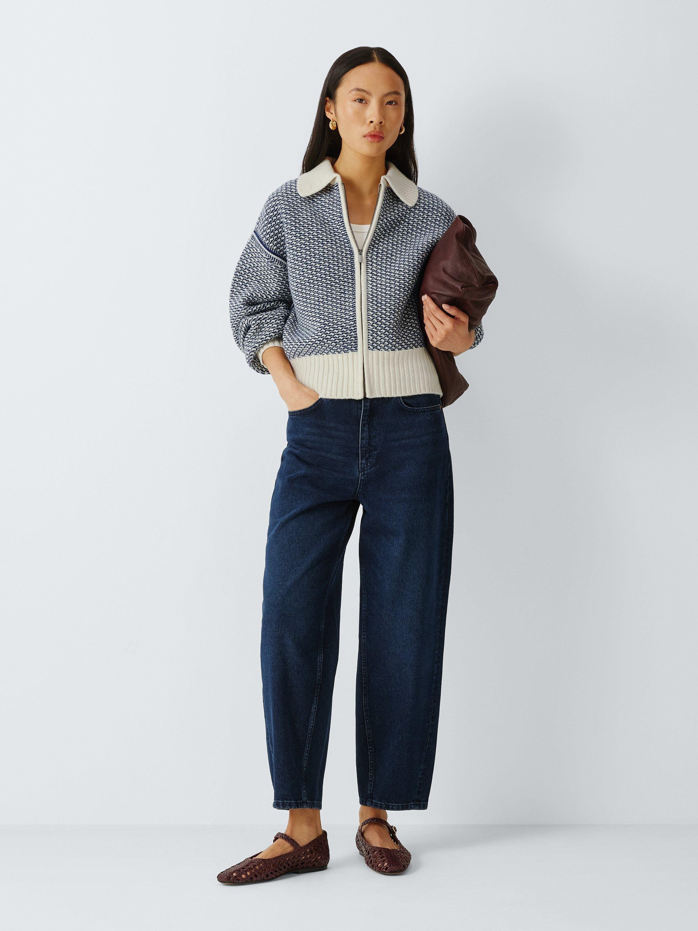 Product image 3 of 6, which shows AND/OR Isla Wool Rich Knit Jacket, Blue/Cream, XS