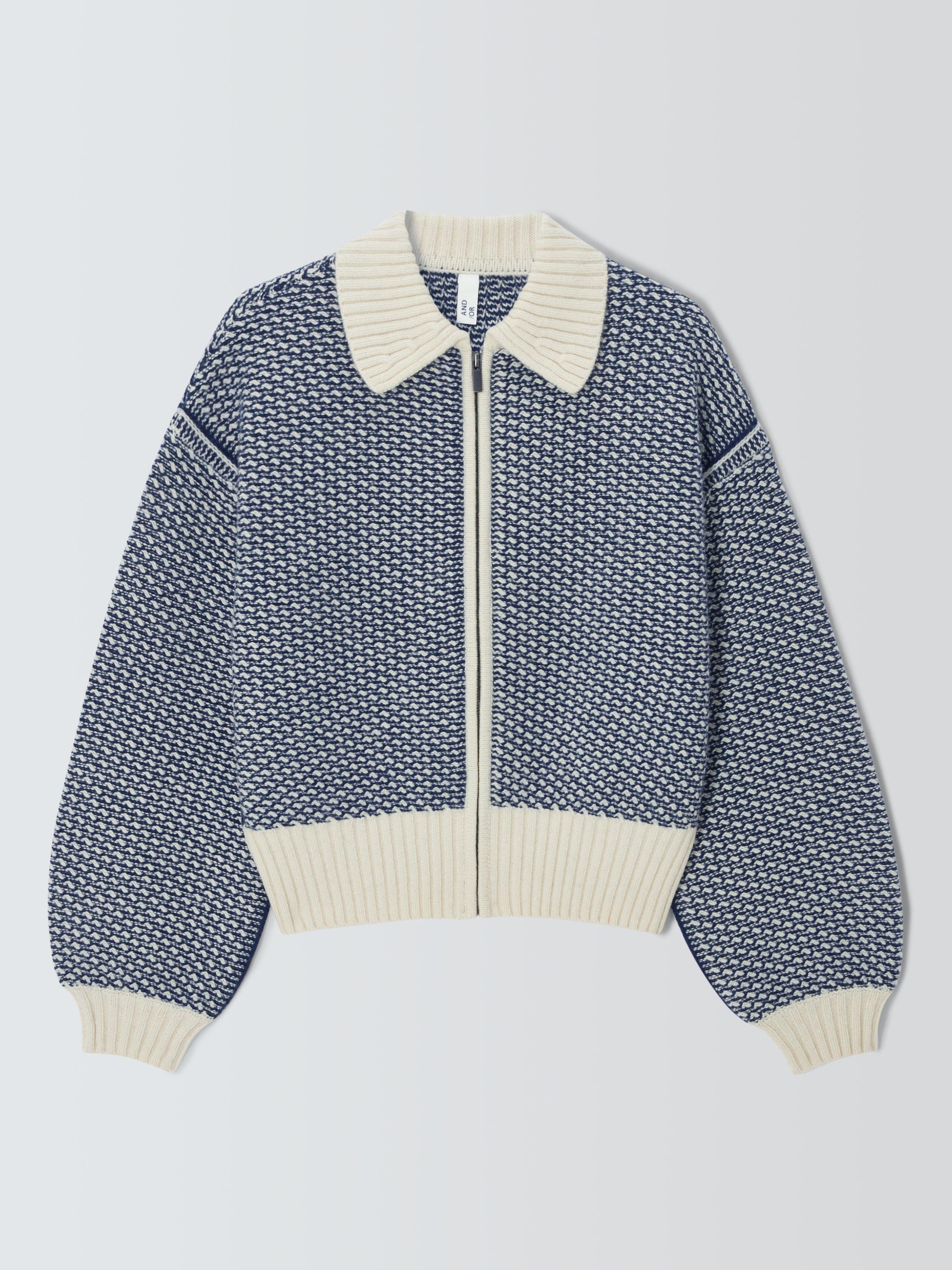 Product image 4 of 6, which shows AND/OR Isla Wool Rich Knit Jacket, Blue/Cream, XS