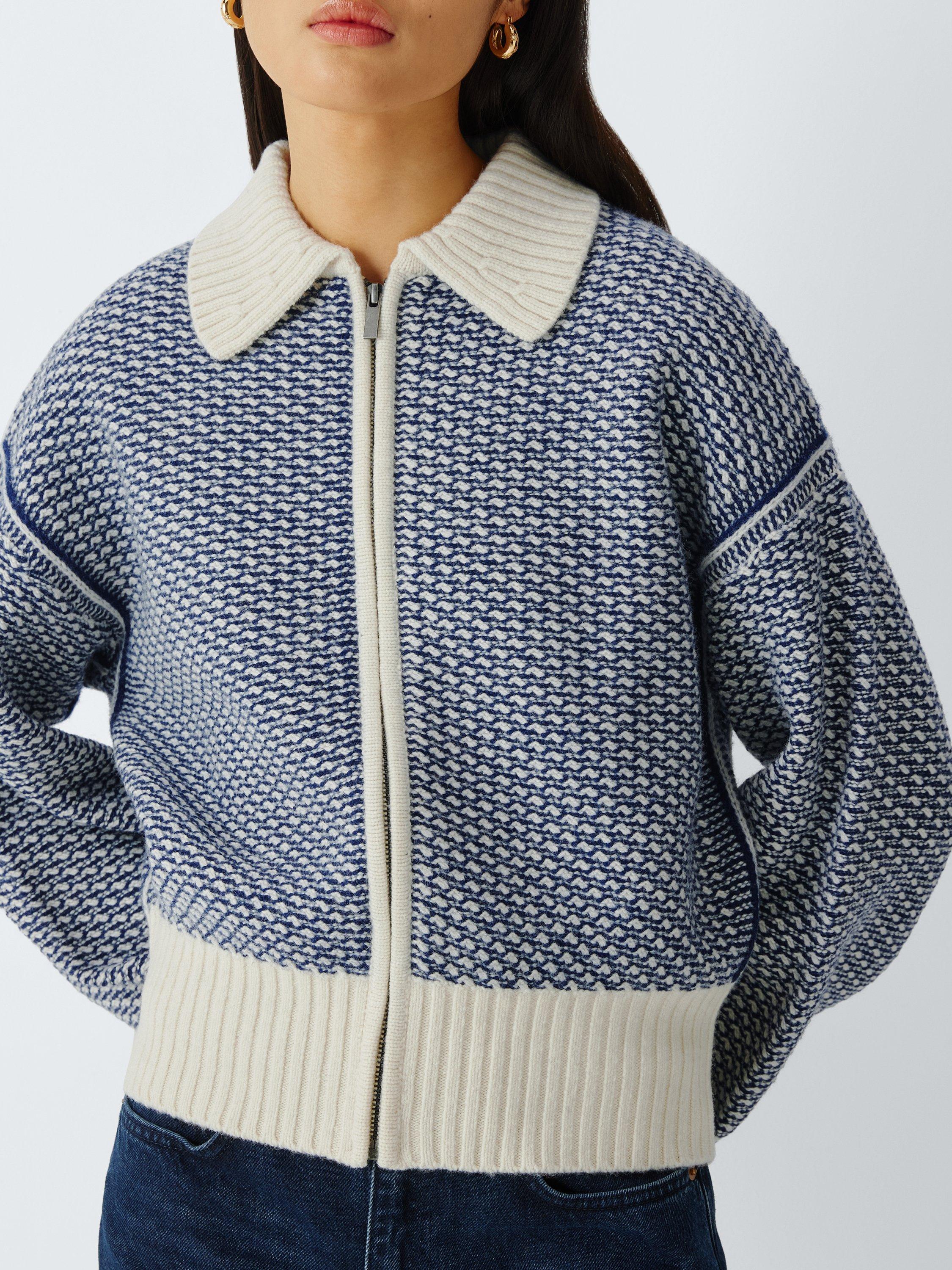 Product image 5 of 6, which shows AND/OR Isla Wool Rich Knit Jacket, Blue/Cream, XS