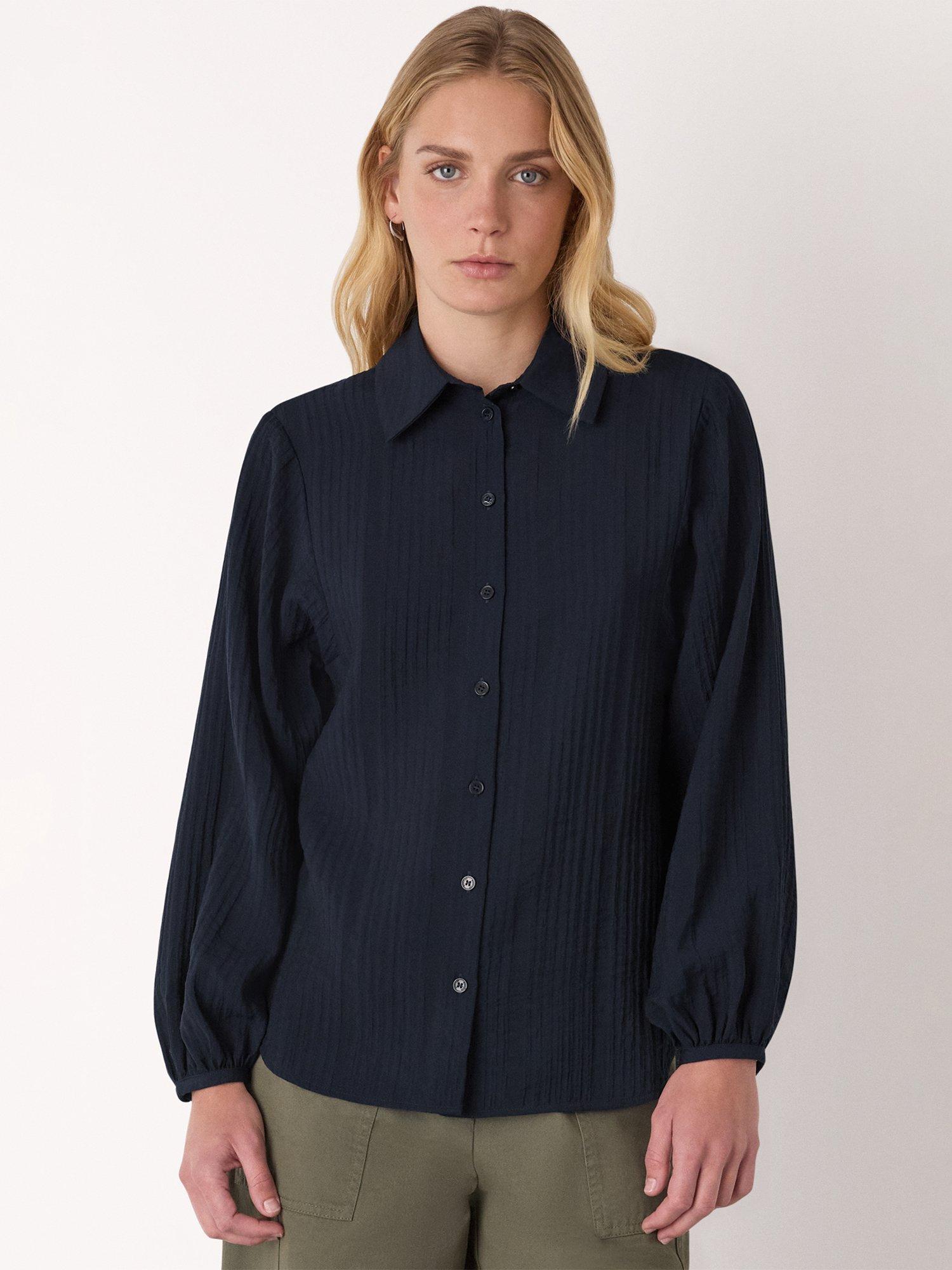 Product image 1 of 5, which shows Whistles Textured Relaxed Shirt containing LENZING™ ECOVERO™ Viscose, Navy, 6