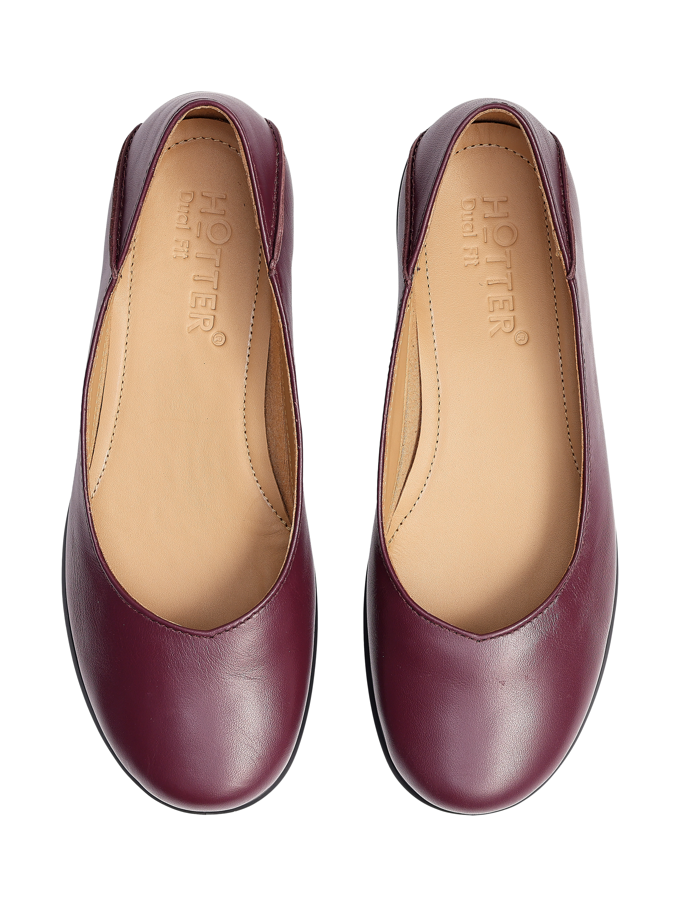 Product image 3 of 5, which shows Hotter Birdie Wide Fit Smart Leather Ballerina Flat Shoes, Dark Cherry, 3W