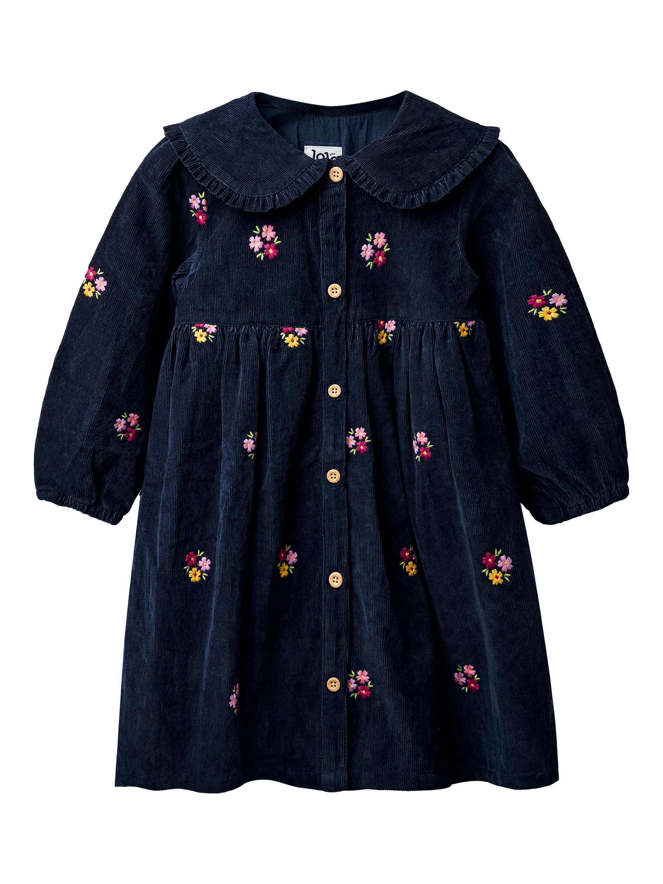 JoJo Maman Bébé Kids' Embroidered Cord Button Through Dress, Navy/Multi