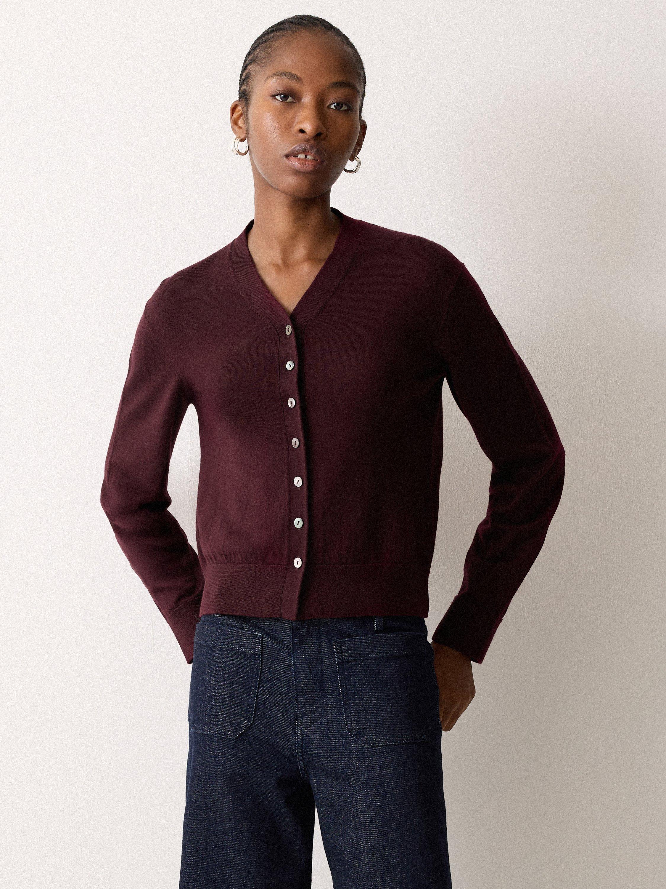 Jigsaw V-Neck Pure Merino Wool Cardigan, Burgundy