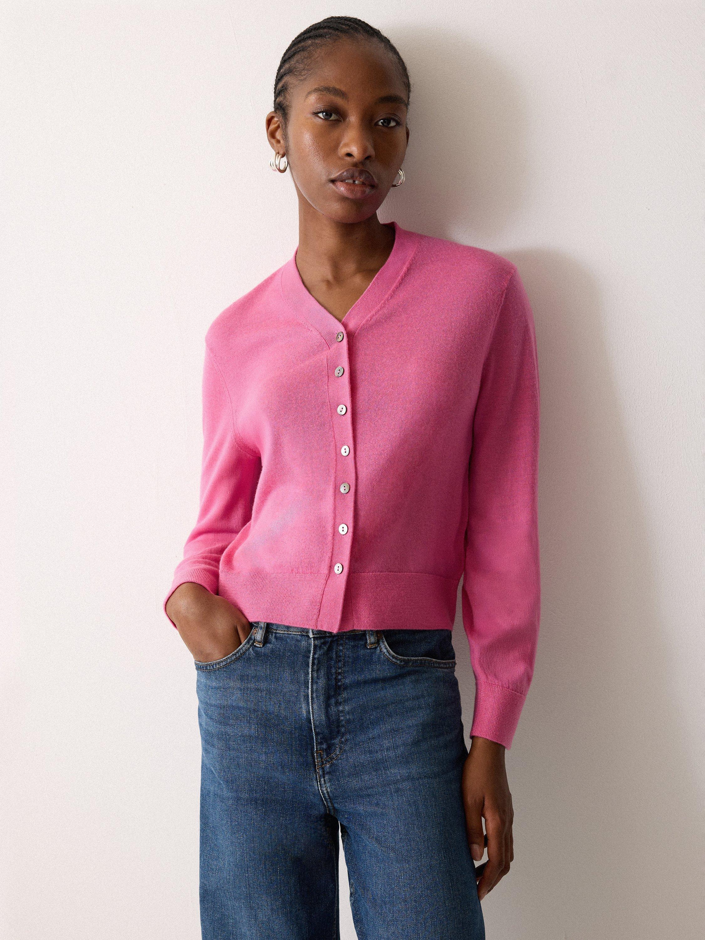 Product image 1 of 5, which shows Jigsaw V-Neck Buttoned Fine Merino Wool Cardigan, Pink, S