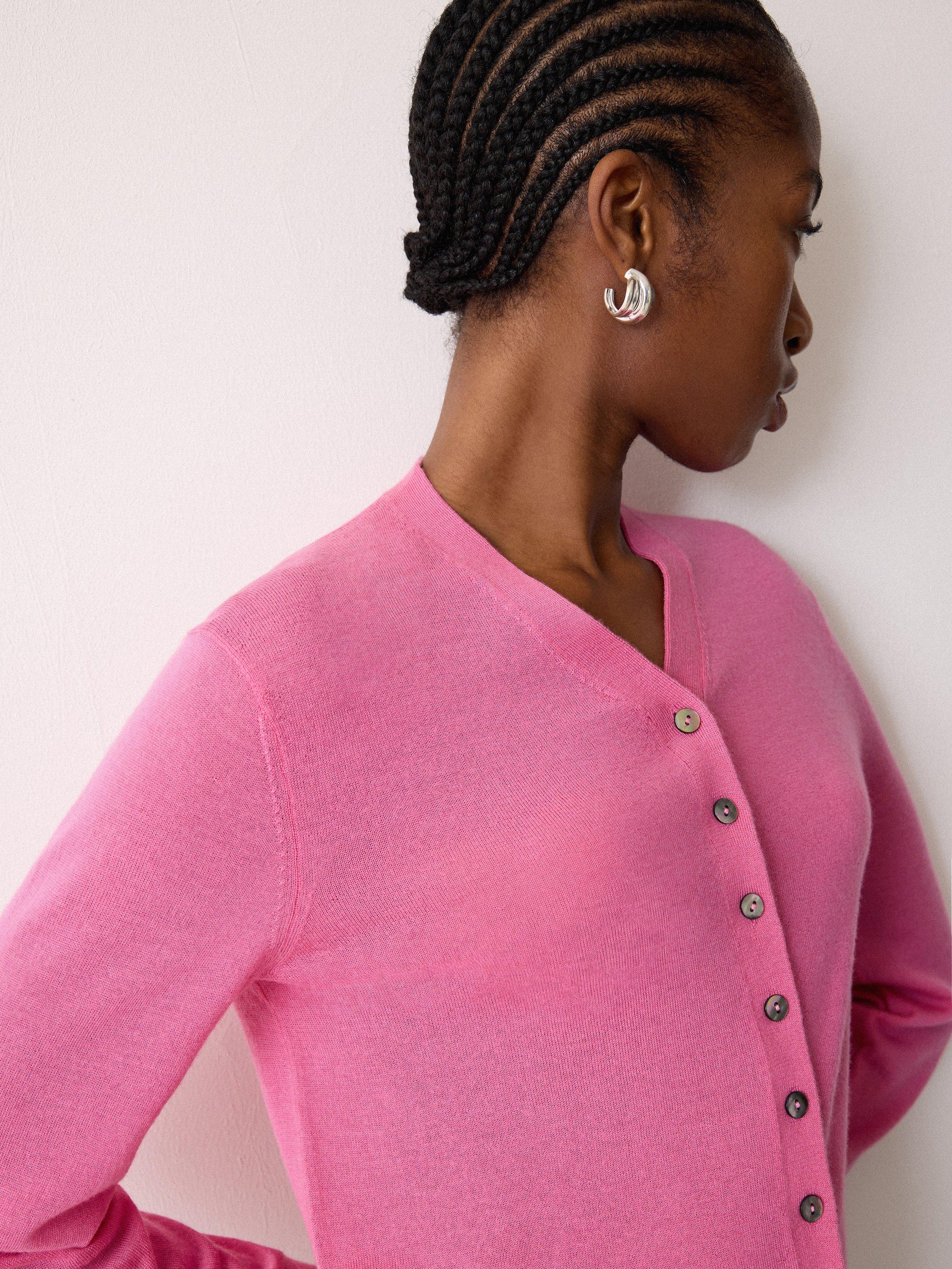 Product image 3 of 5, which shows Jigsaw V-Neck Buttoned Fine Merino Wool Cardigan, Pink, S