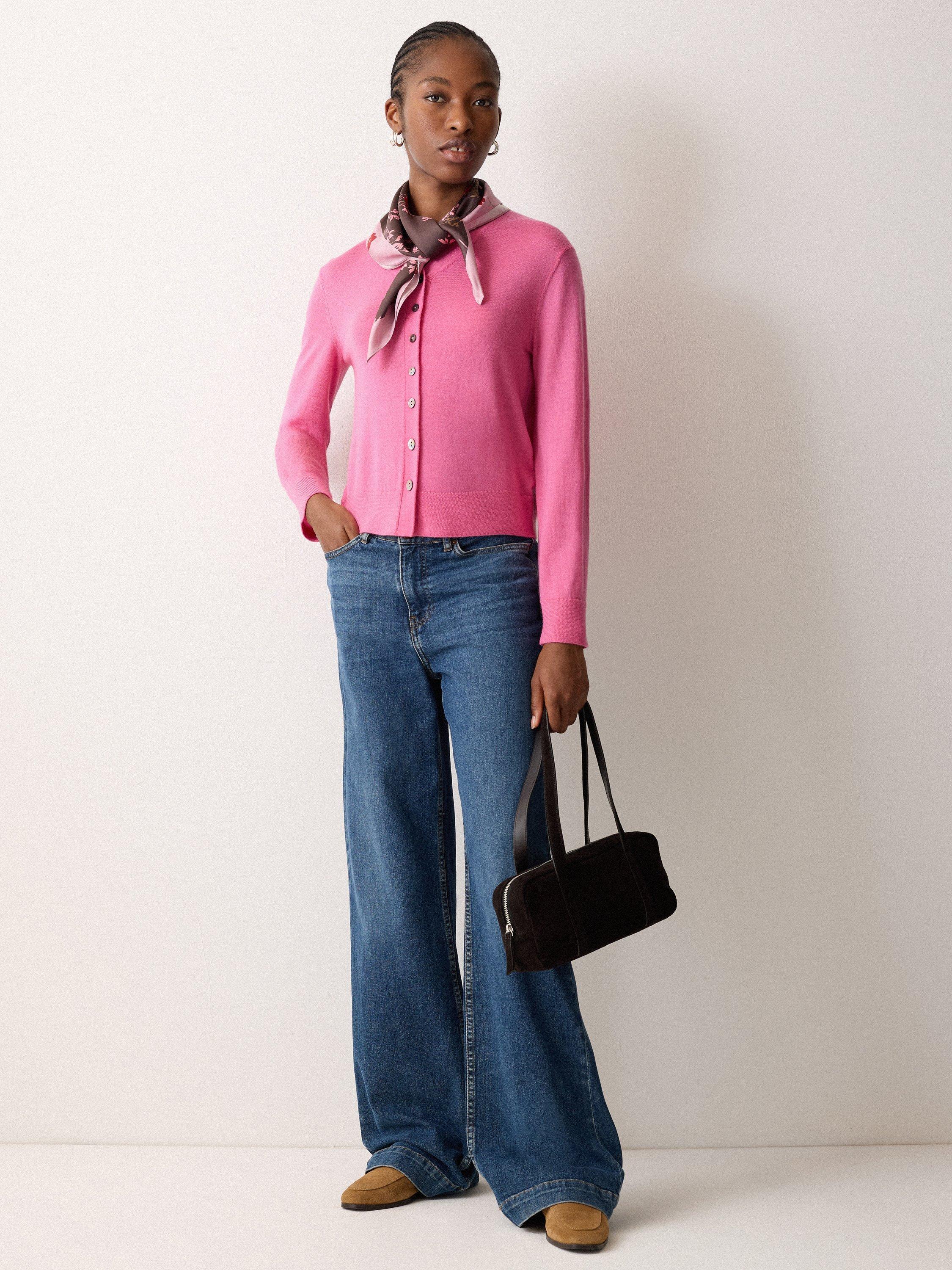 Product image 4 of 5, which shows Jigsaw V-Neck Buttoned Fine Merino Wool Cardigan, Pink, S