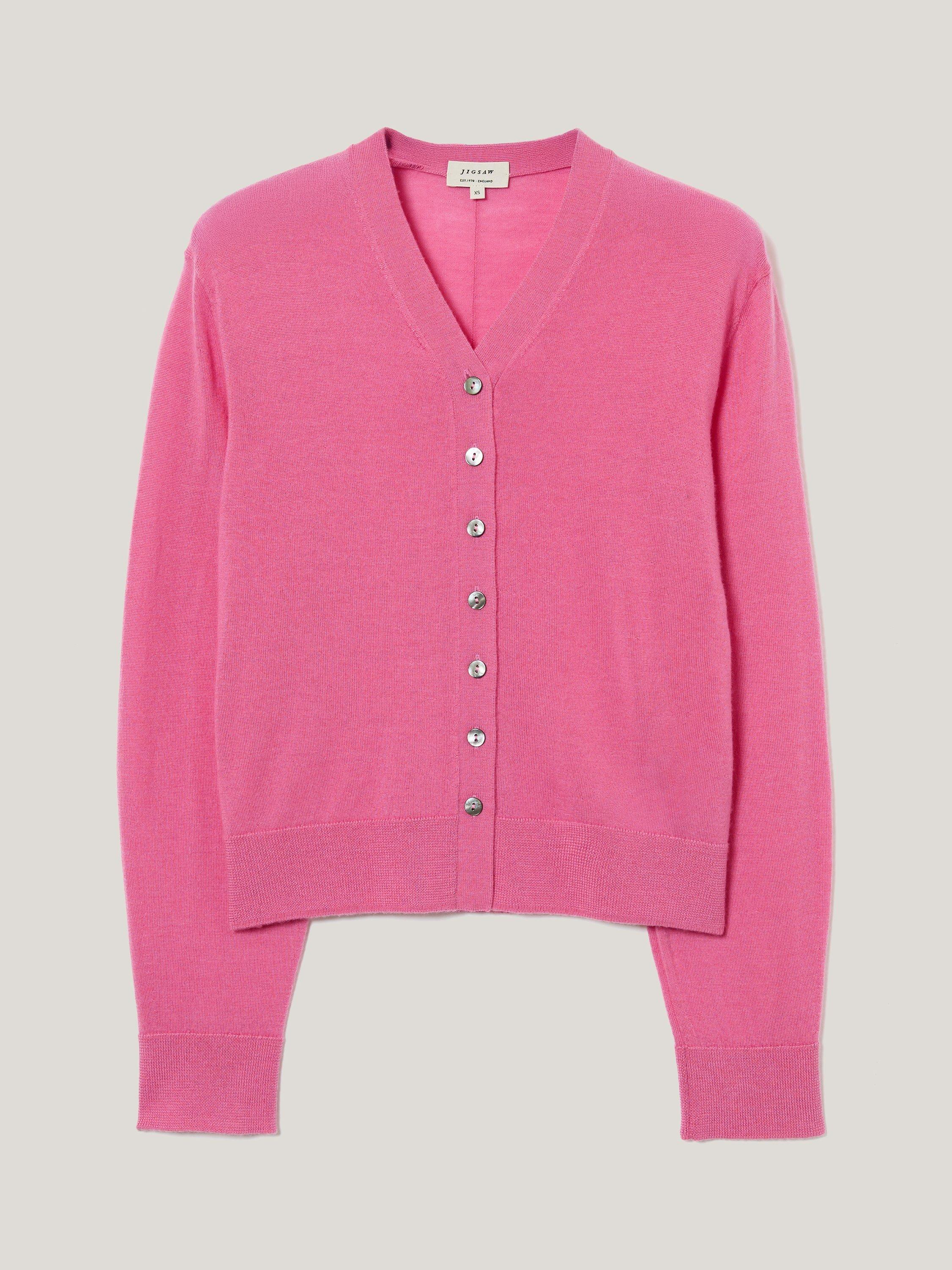 Product image 5 of 5, which shows Jigsaw V-Neck Buttoned Fine Merino Wool Cardigan, Pink, S